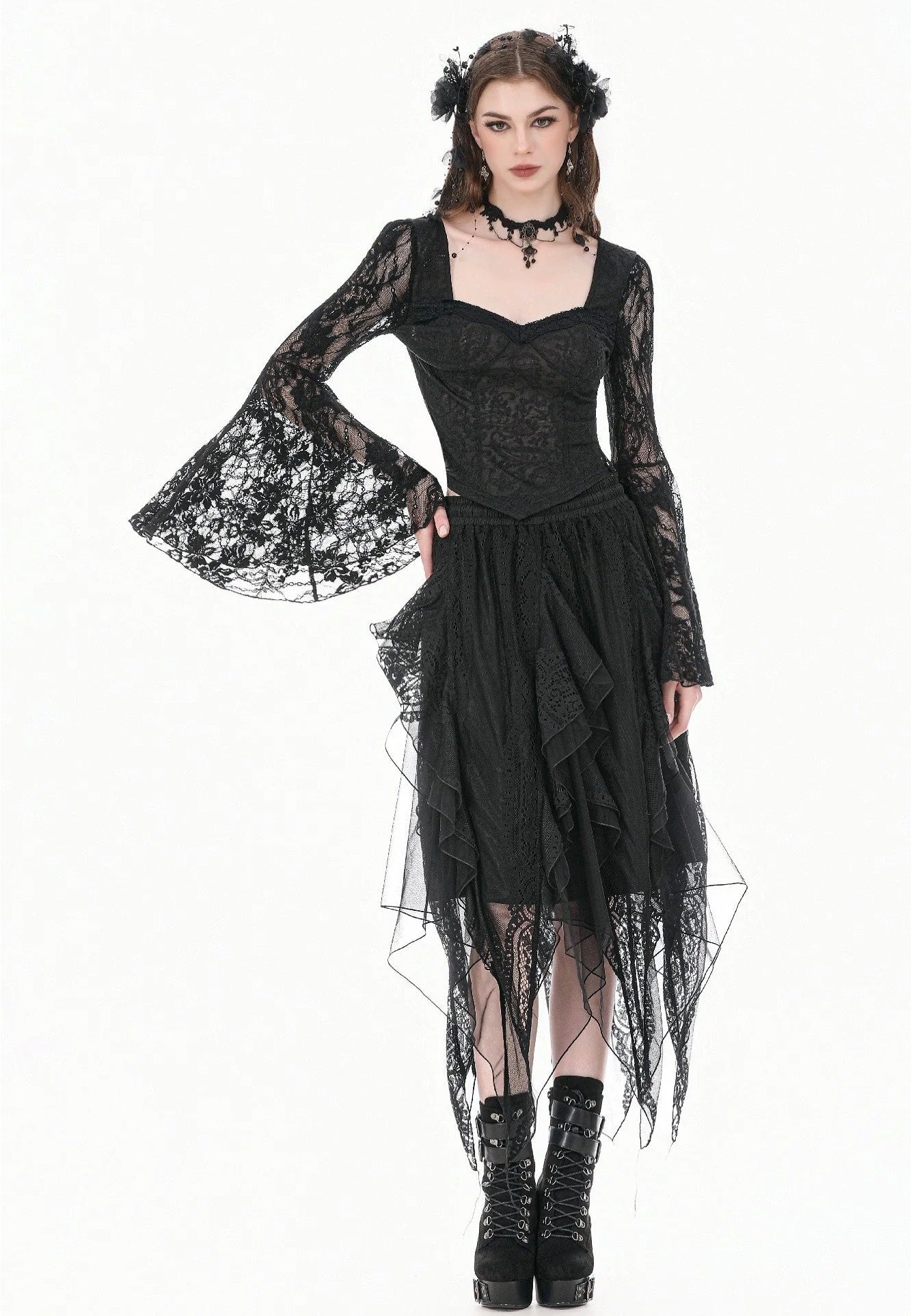 Dark In Love Gothic Shadow Mist Layered Mesh Long Sukně | Women-Image