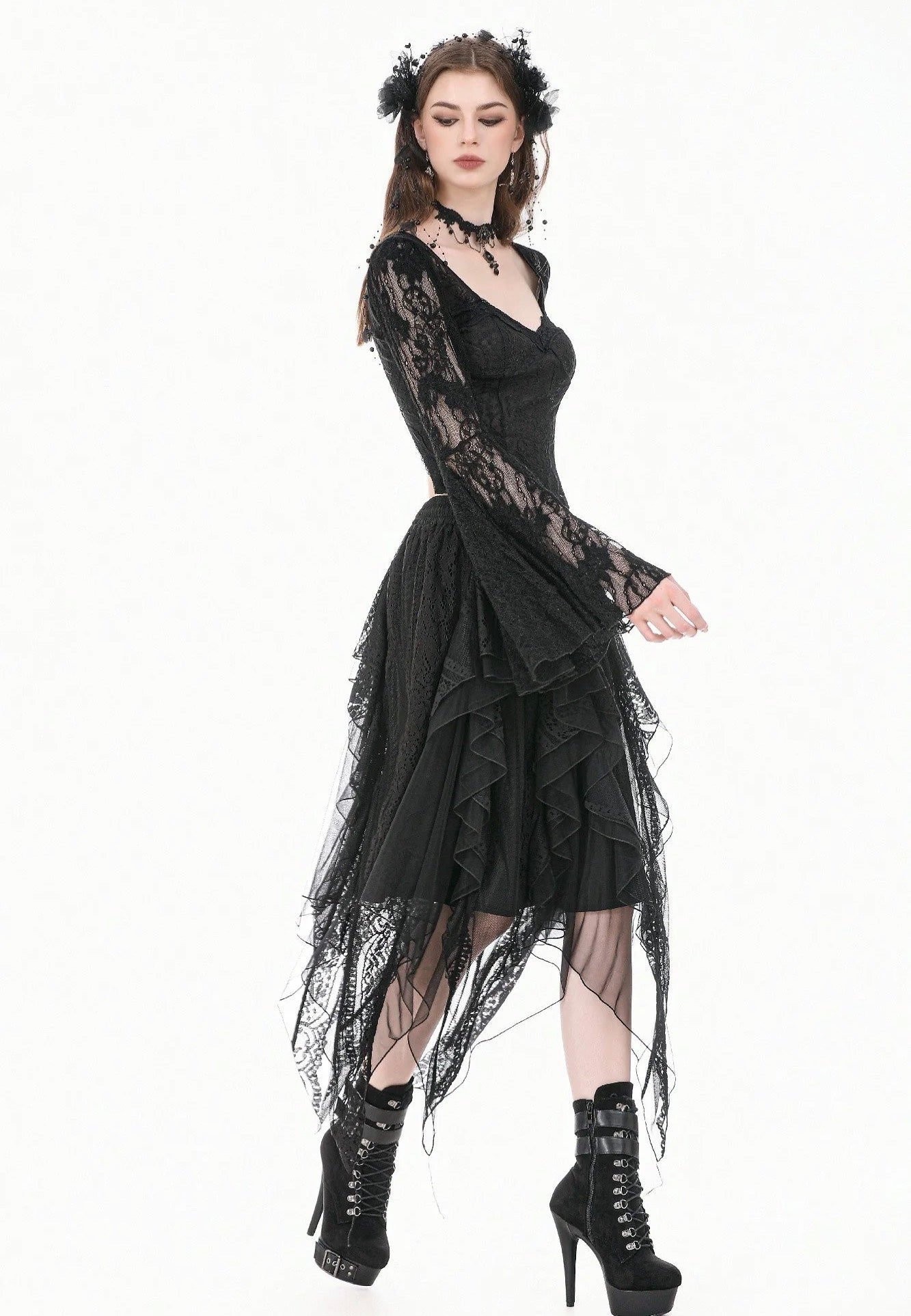 Dark In Love Gothic Shadow Mist Layered Mesh Long Sukně | Women-Image