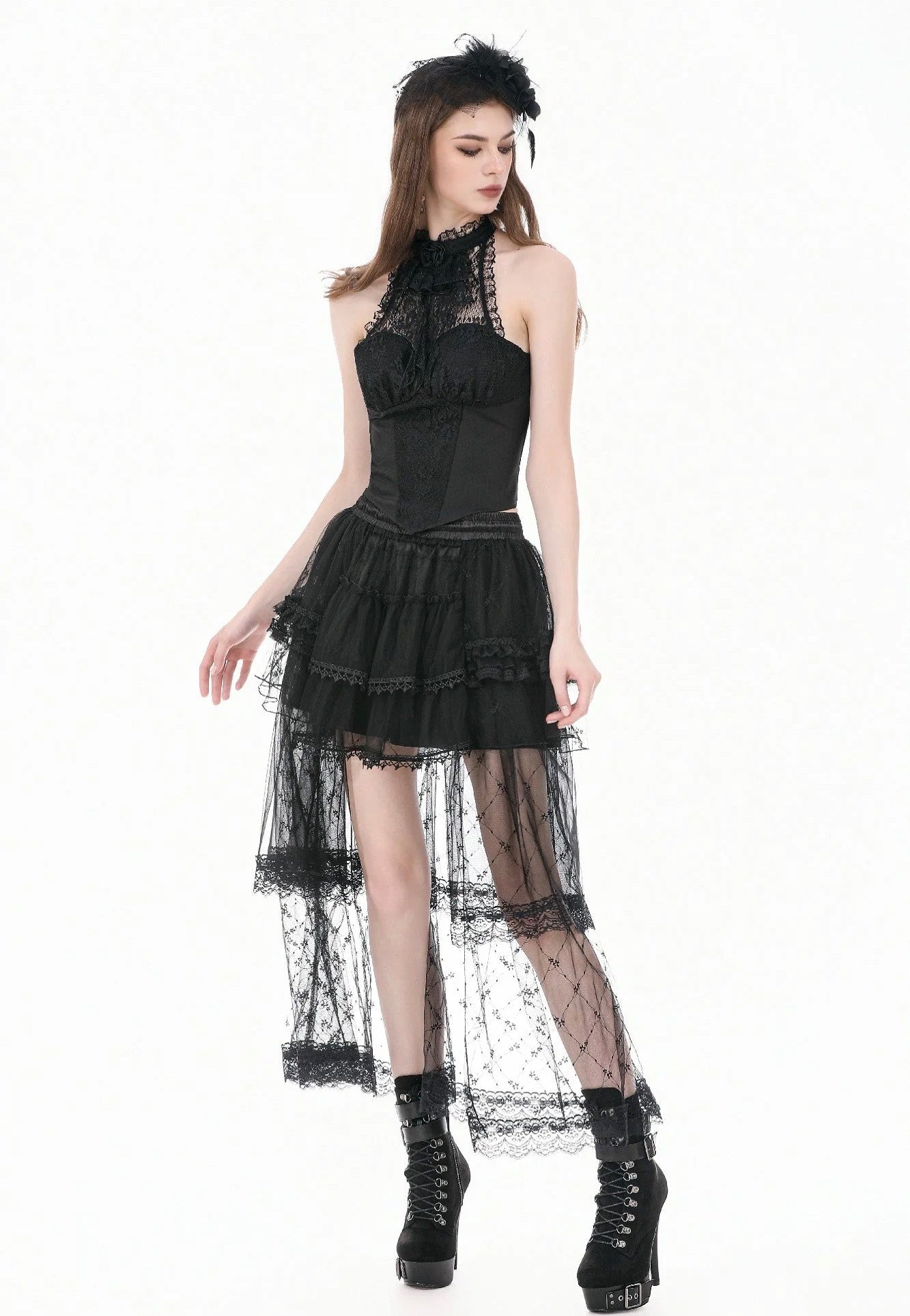 Dark In Love Goth Lolita Diamond Lace Patchwork Layered Tutu Sukně | Women-Image