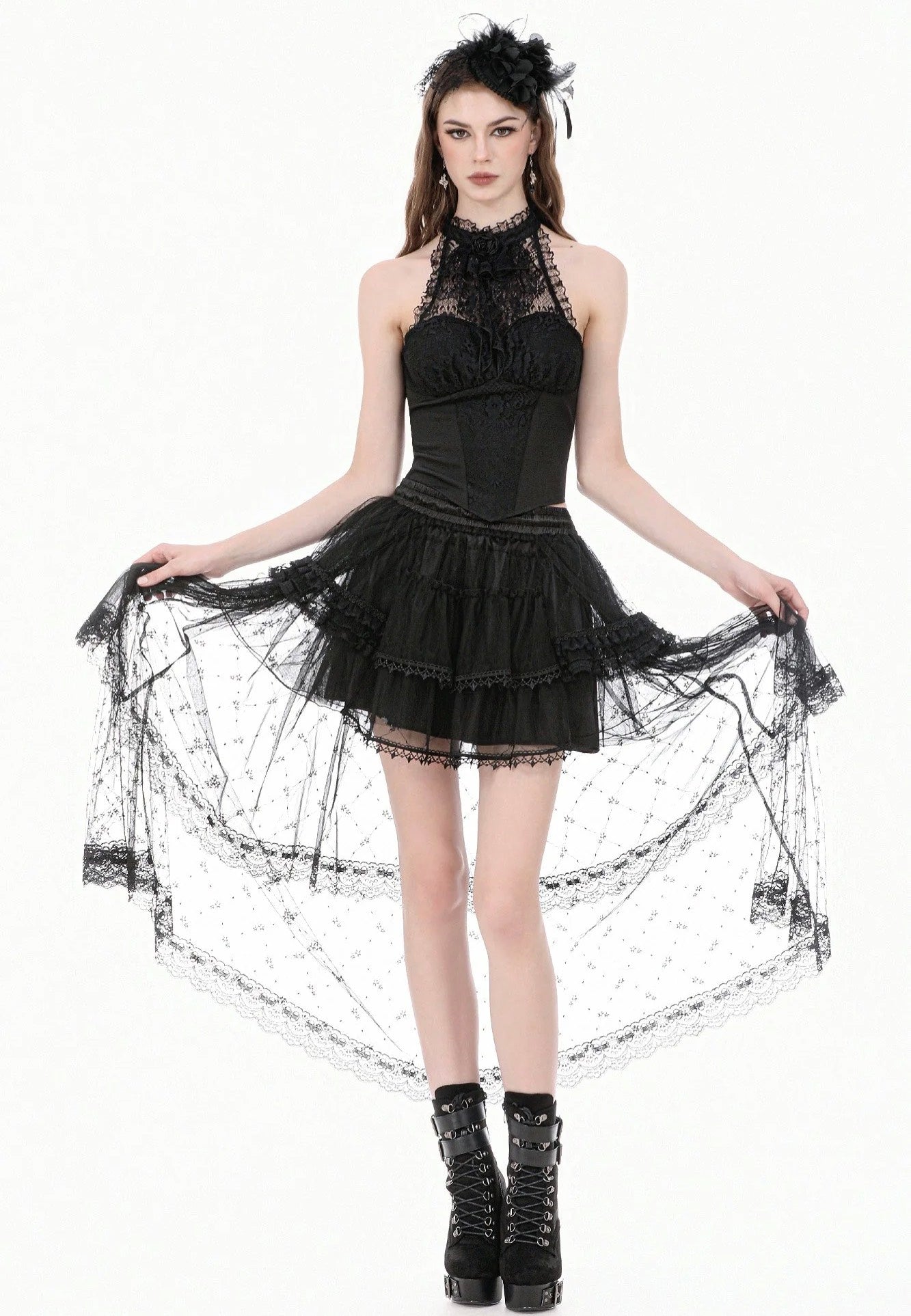 Dark In Love Goth Lolita Diamond Lace Patchwork Layered Tutu Sukně | Women-Image