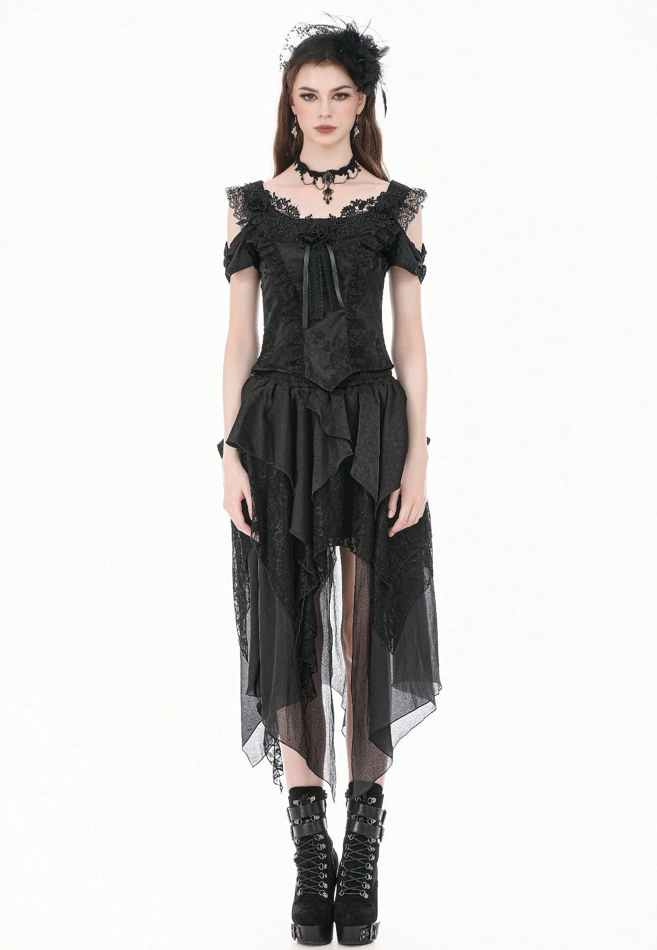 Dark In Love Gothic Ruffled High-Low Jacquard Texture Irregular Tiered Lace Mesh Sukně | Women-Image