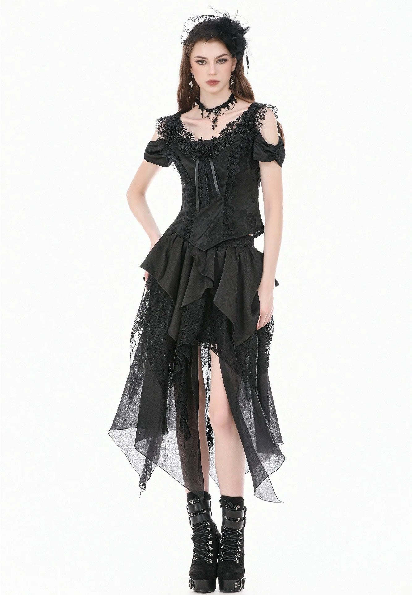 Dark In Love Gothic Ruffled High-Low Jacquard Texture Irregular Tiered Lace Mesh Sukně | Women-Image