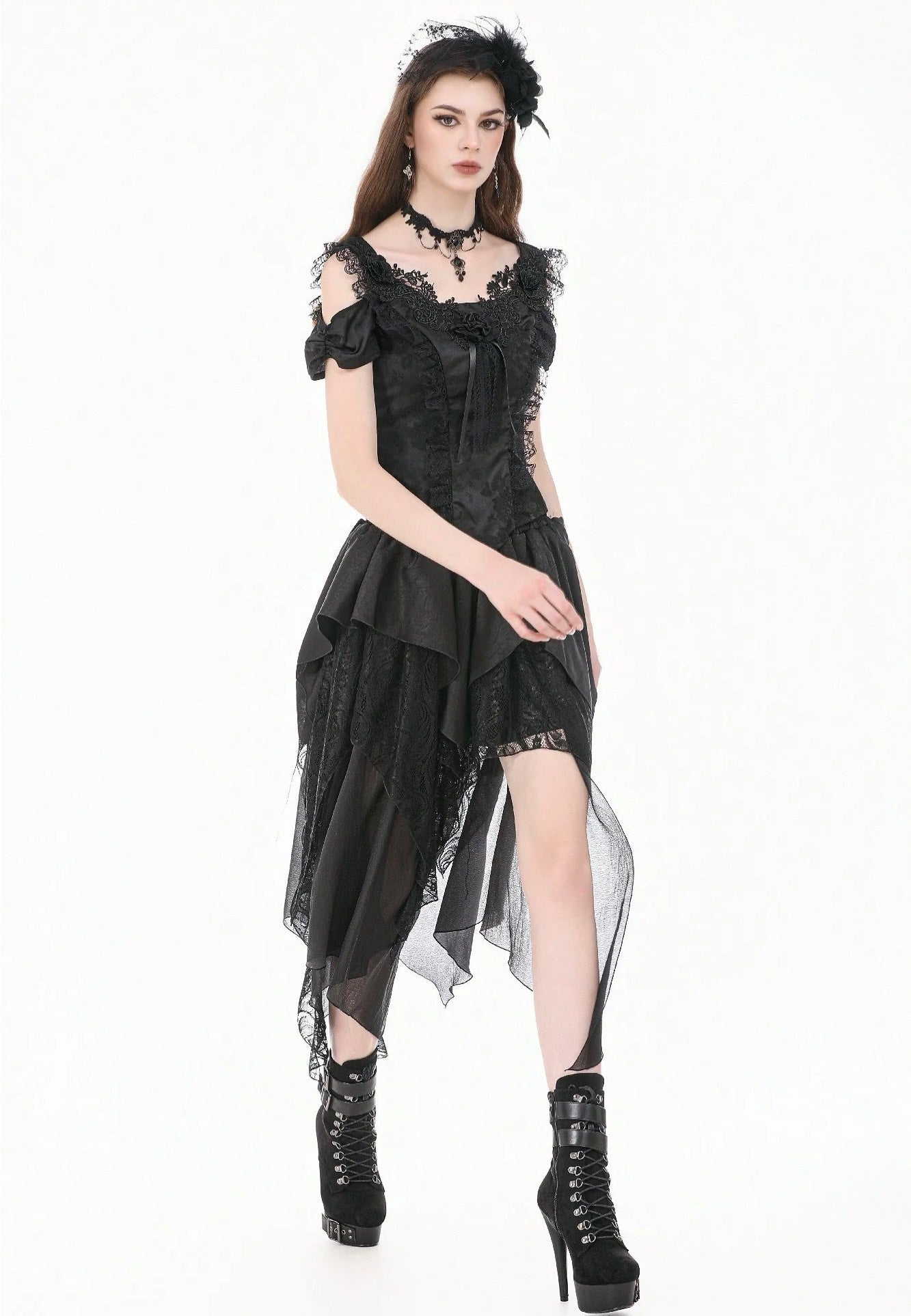 Dark In Love Gothic Ruffled High-Low Jacquard Texture Irregular Tiered Lace Mesh Sukně | Women-Image