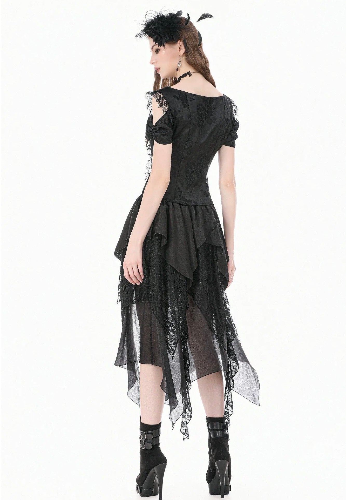 Dark In Love Gothic Ruffled High-Low Jacquard Texture Irregular Tiered Lace Mesh Sukně | Women-Image
