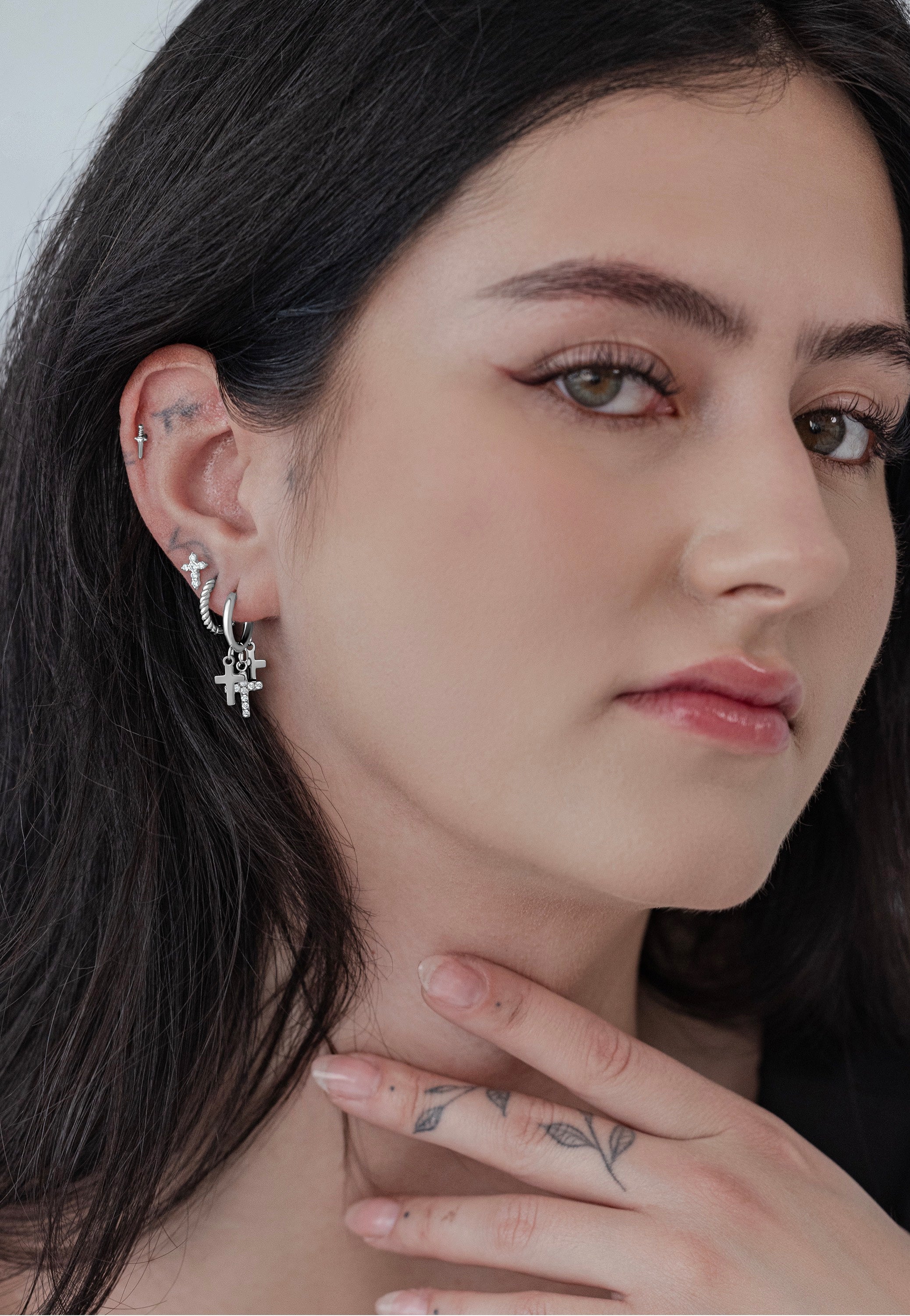 Wildcat - Little Dangling Cross Hoops Silver - Earrings | Neutral-Image