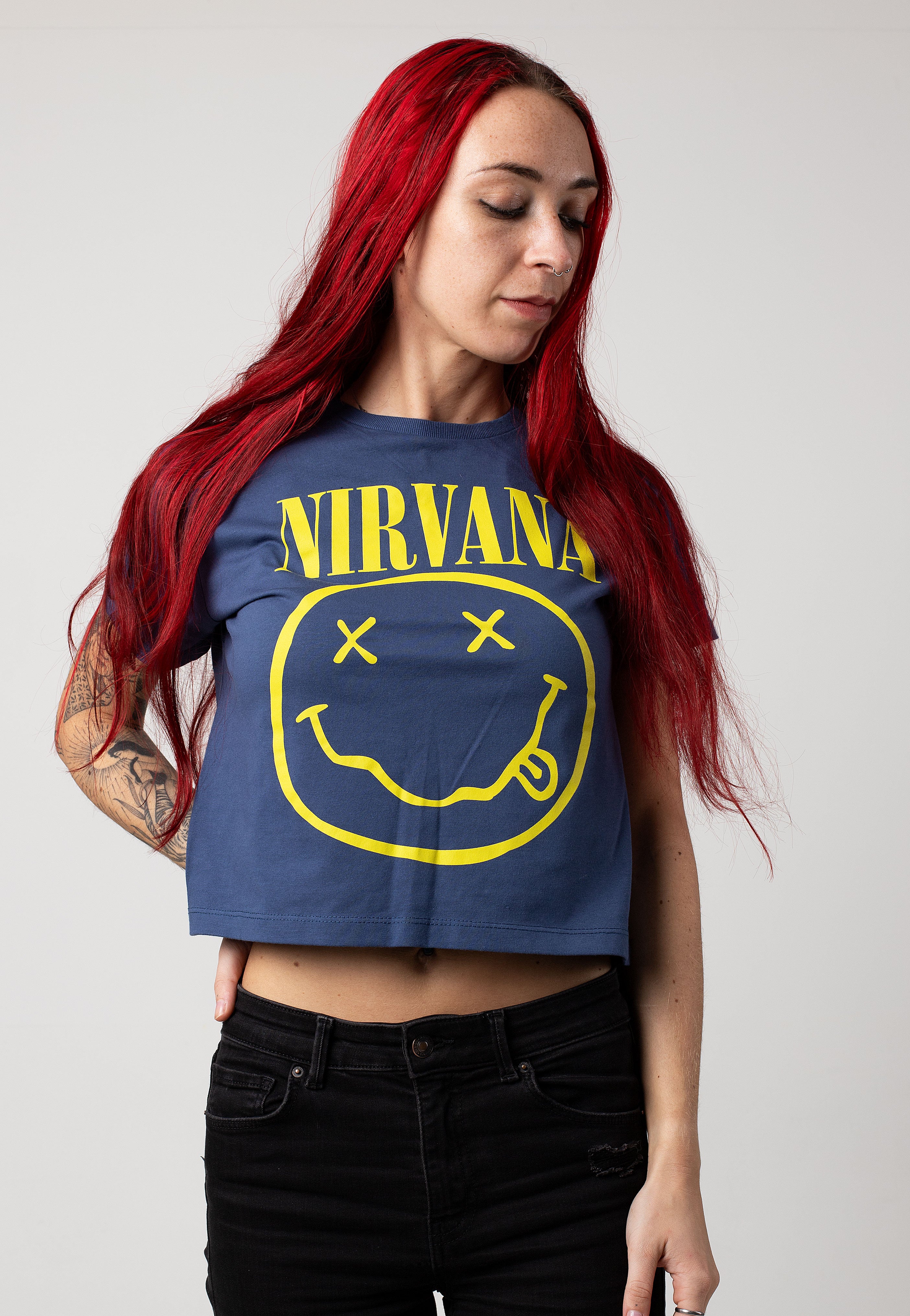 Nirvana Happy Face Flower Sniffin Cropped Navy - T-Shirt | Impericon
