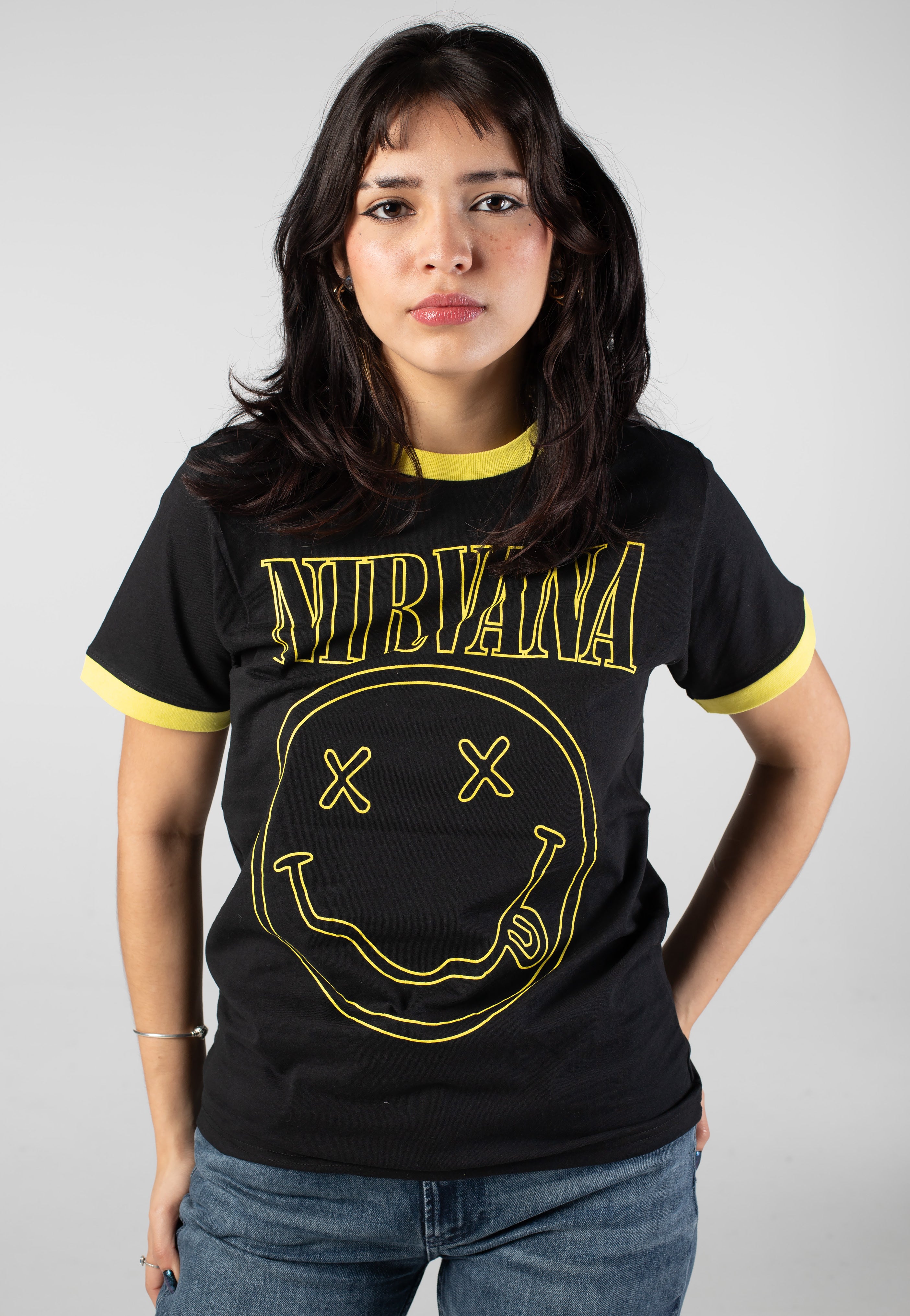 Nirvana - Outline Happy Face Ringer - T-Shirt | Women-Image
