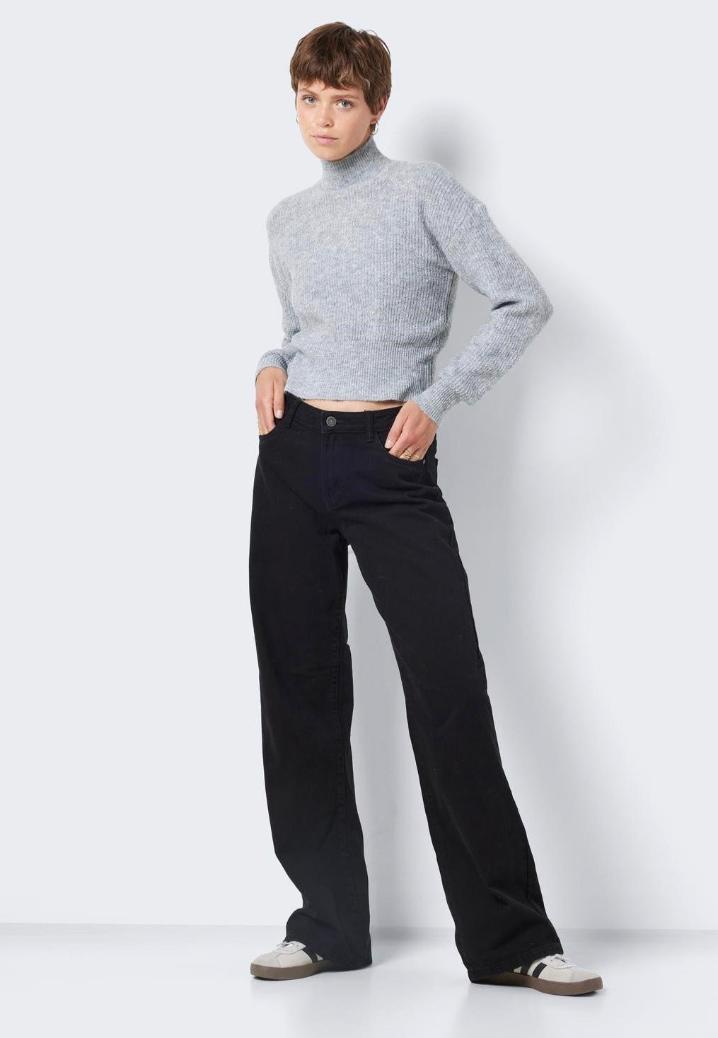 Noisy May - EllaHigh Neck Crop Medium Grey Melange - Pullover | Women-Image