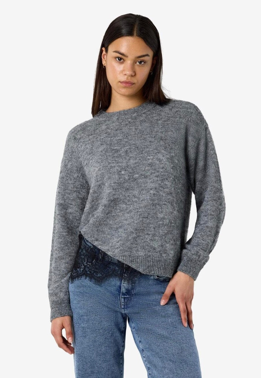 Noisy May Preston O-Neck Lace Medium Grey Melange Svetr | Women-Image