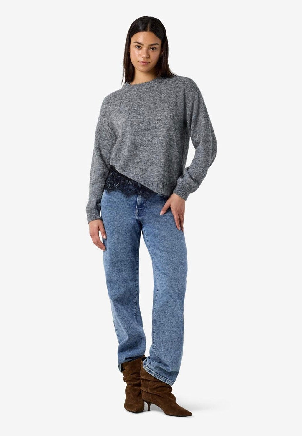 Noisy May Preston O-Neck Lace Medium Grey Melange Pullover | Women-Image
