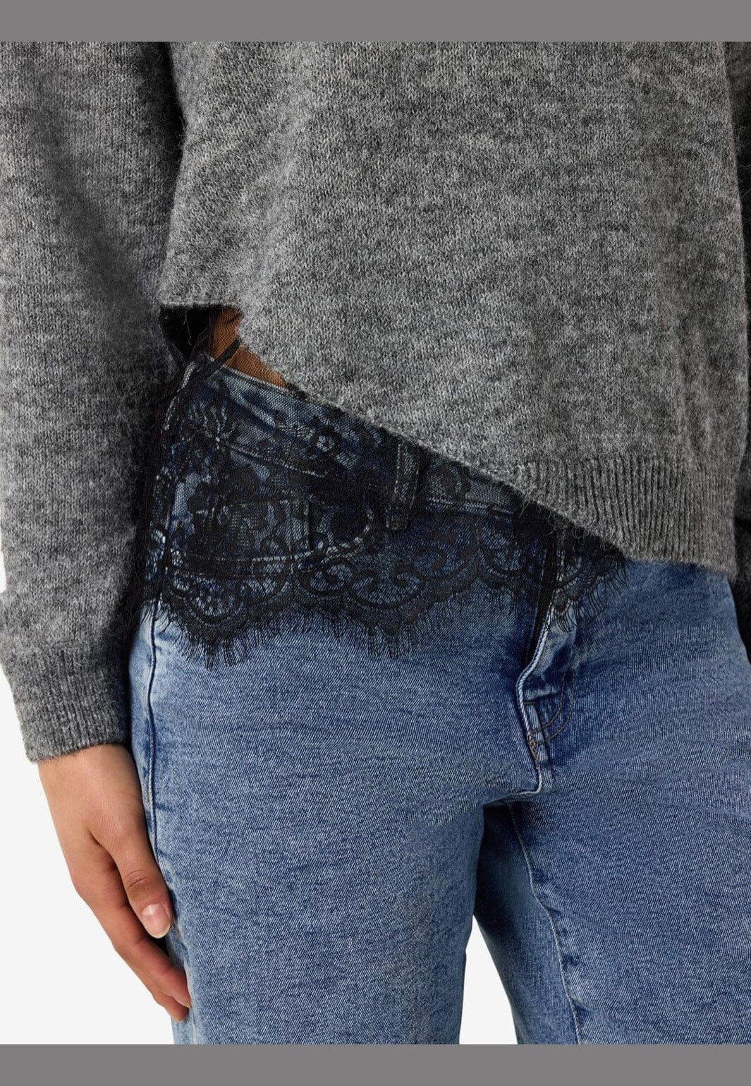 Noisy May Preston O-Neck Lace Medium Grey Melange Svetr | Women-Image