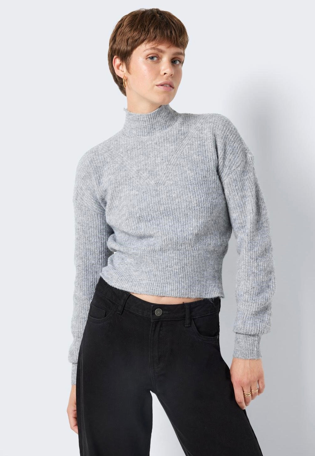 Noisy May - EllaHigh Neck Crop Medium Grey Melange - Pullover | Women-Image