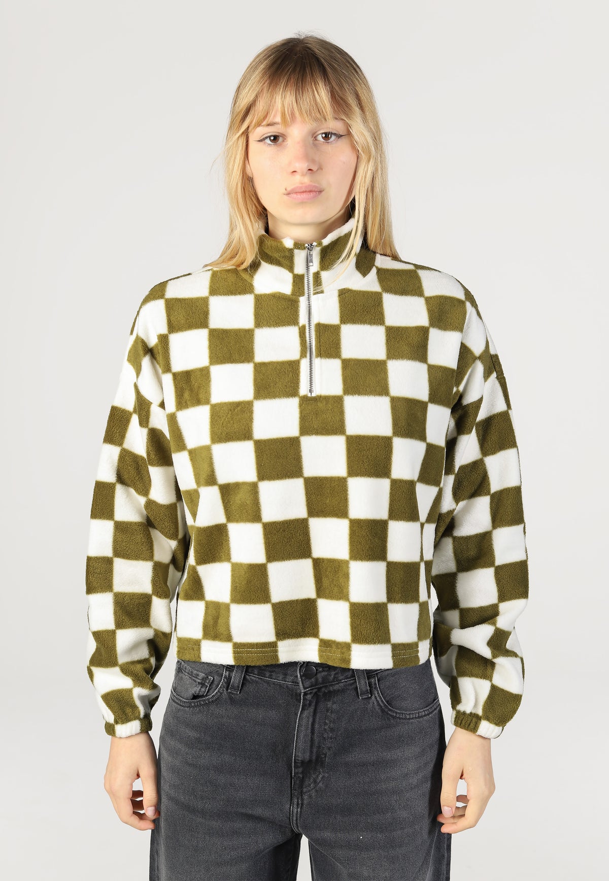Noisy May Fleci Avocado Cloud Dancer Checkboard Sweater | Women-Image