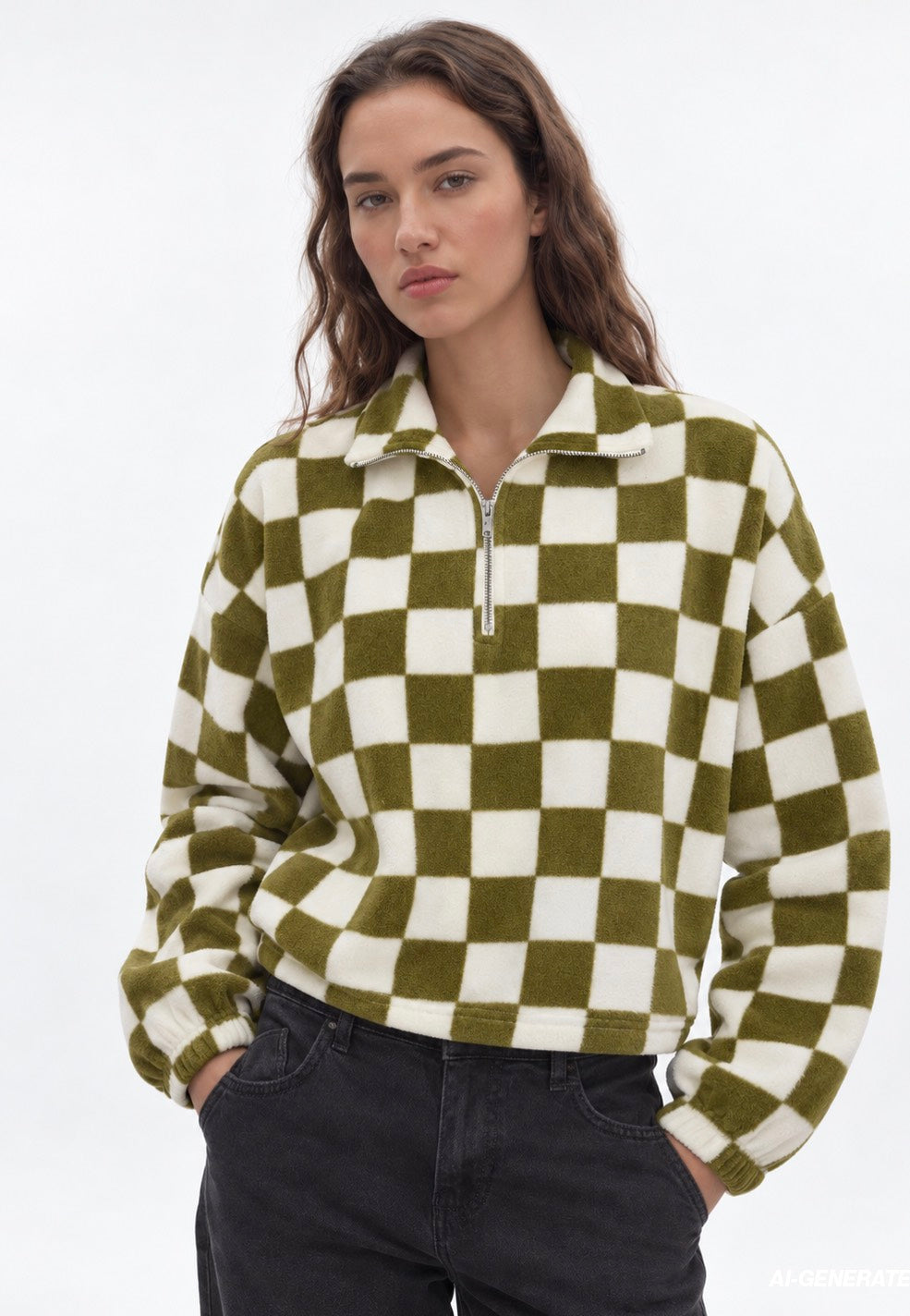 Noisy May Fleci Avocado Cloud Dancer Checkboard Sweater | Women-Image