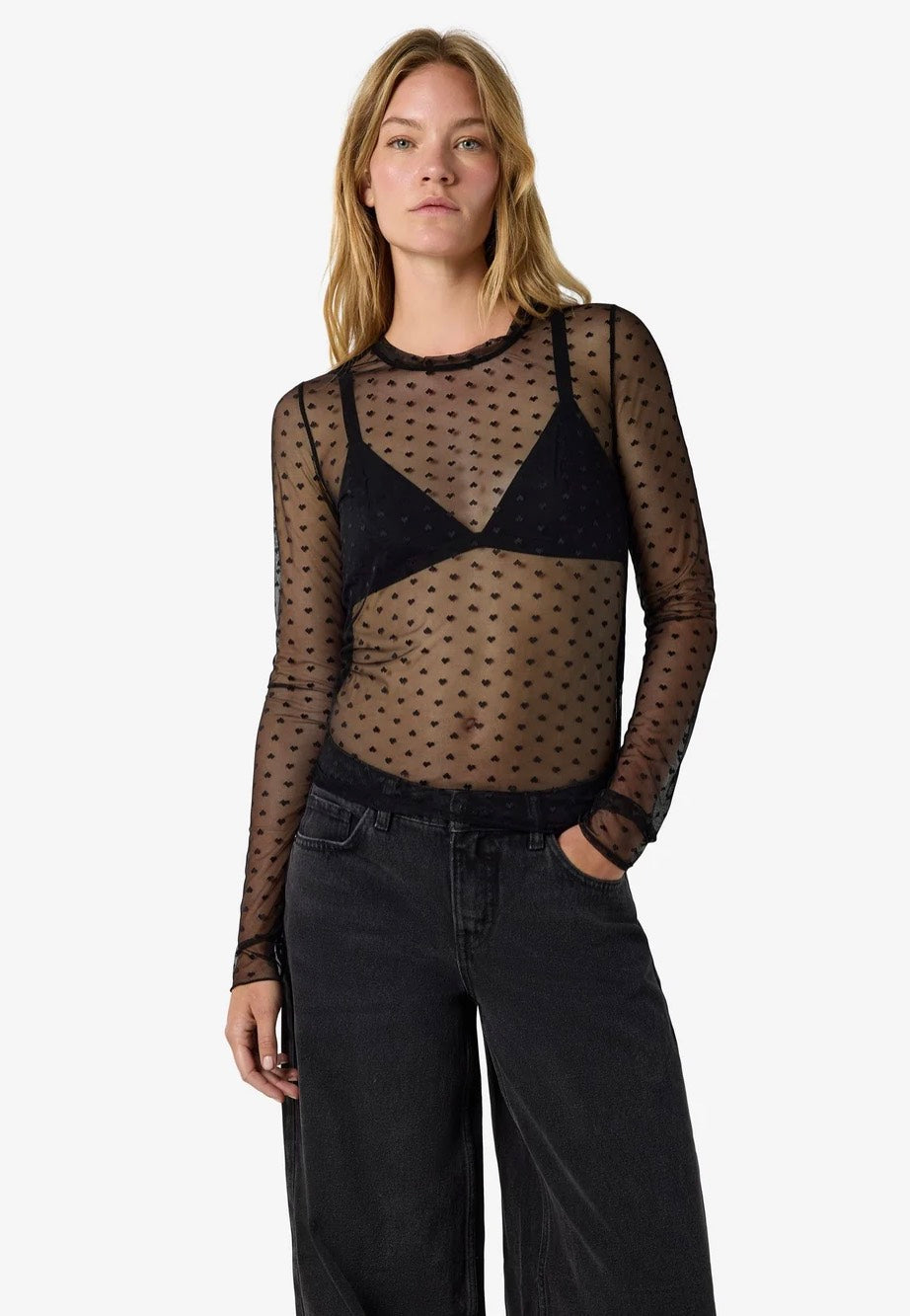 Noisy May Judith Fitted Mesh O Neck Black Hearts Top | Women-Image