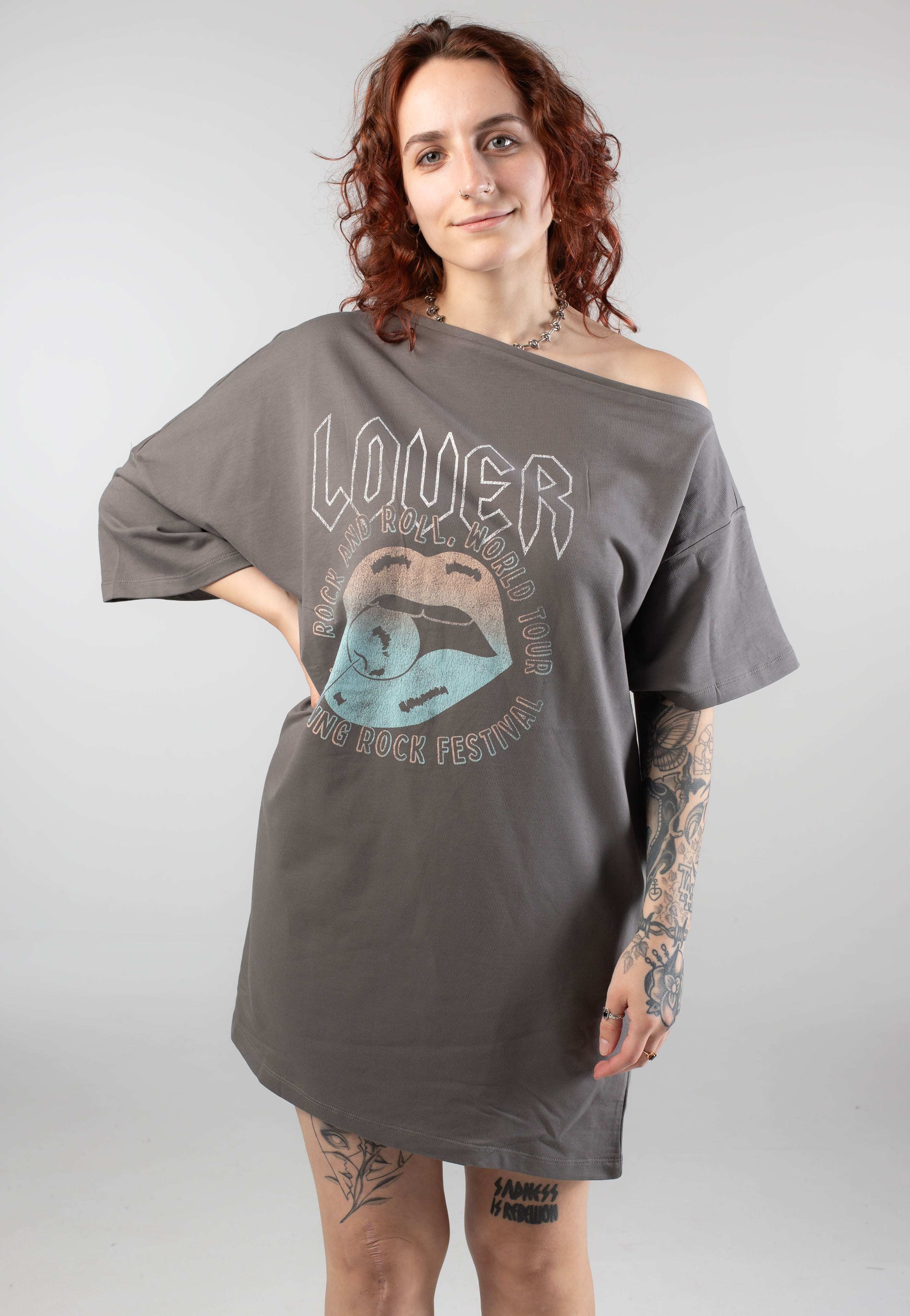 Noisy May - Robin Mocca One Charcoal Gray Lips - Dress | Women-Image