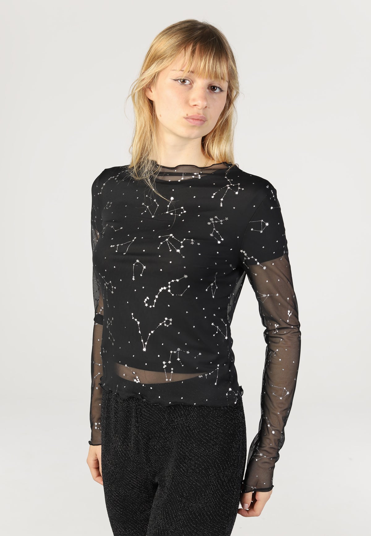 Noisy May Star Foil High Neck Mesh Black Zodiac Top | Women-Image