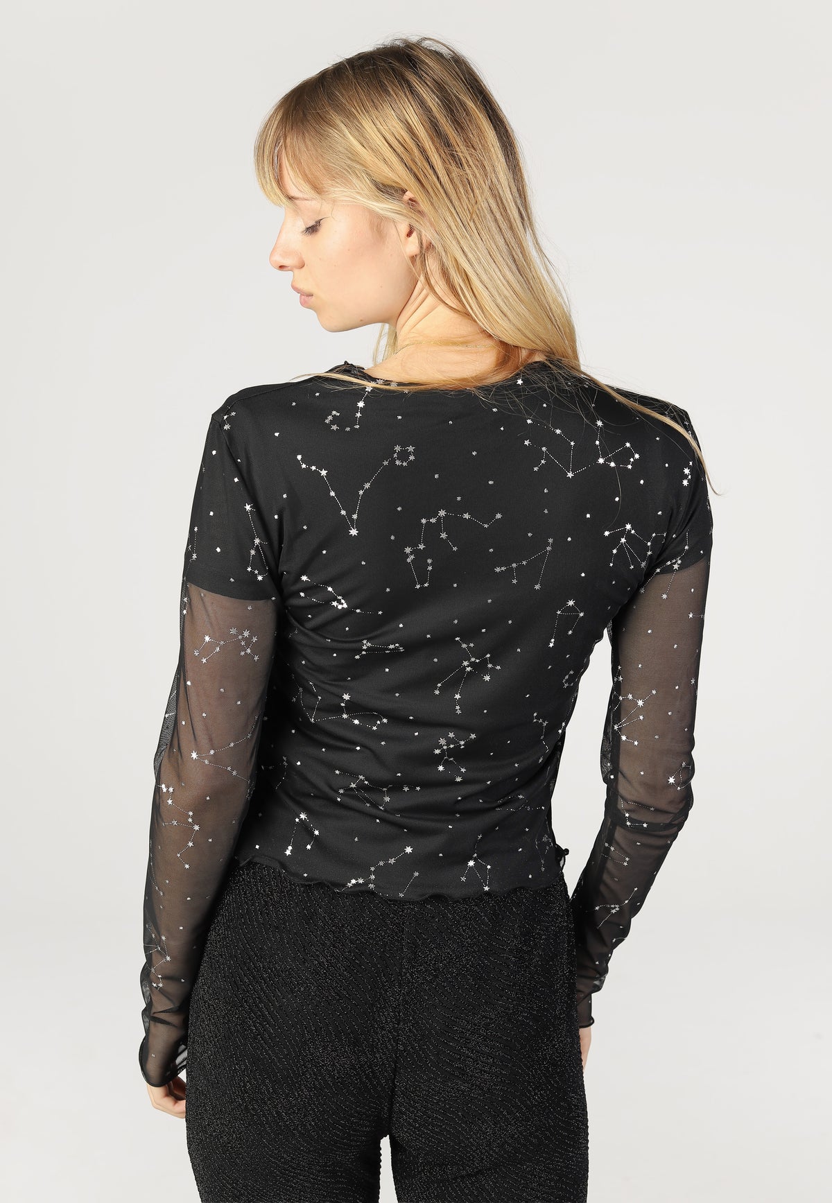 Noisy May Star Foil High Neck Mesh Black Zodiac Top | Women-Image