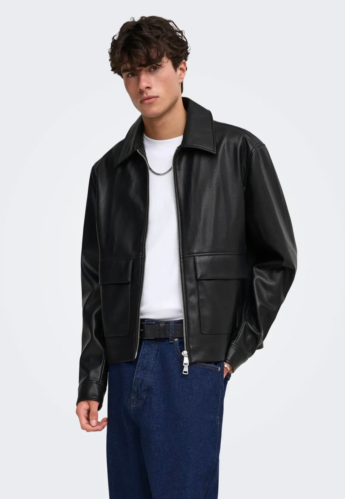Only & Sons Bate PU Black Leather Jacket | Men-Image