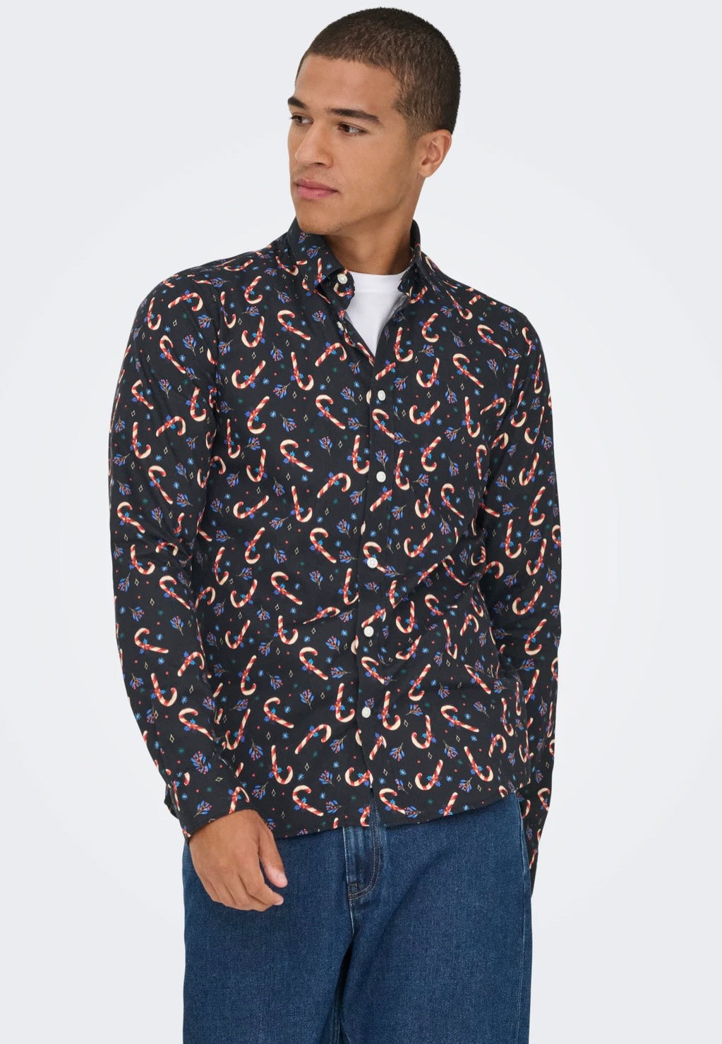 Only & Sons - Elf Xmas AOP Slim Poplin Black - Shirt | Men-Image