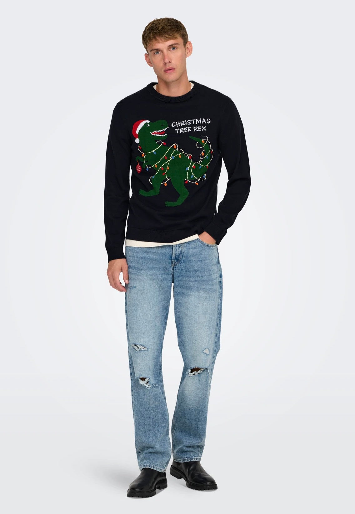 Only & Sons Xmas Reg 5 Placement Dark Navy T-Rex Pullover | Men-Image