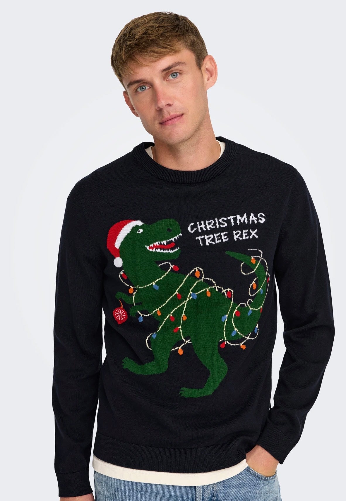 Only & Sons Xmas Reg 5 Placement Dark Navy T-Rex Pullover | Men-Image