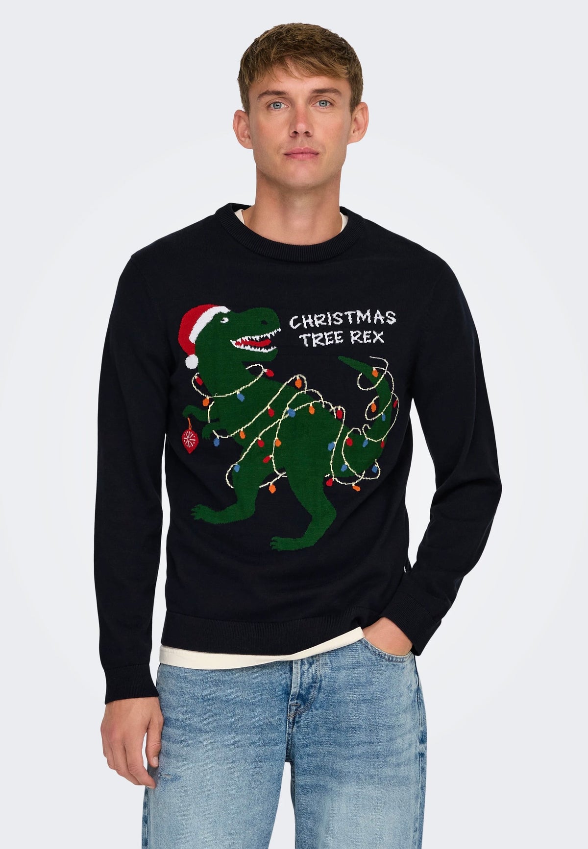 Only & Sons Xmas Reg 5 Placement Dark Navy T-Rex Pullover | Men-Image