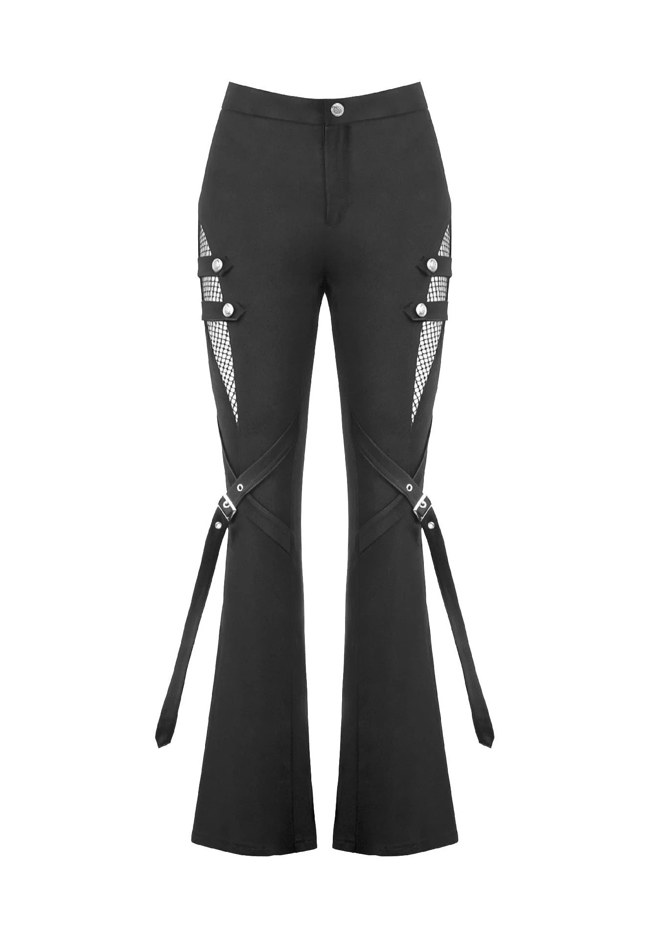 Dark In Love Dark Rift Gothic Punk Mesh Patchwork Cutout Buckle Flare Kalhoty | Women-Image