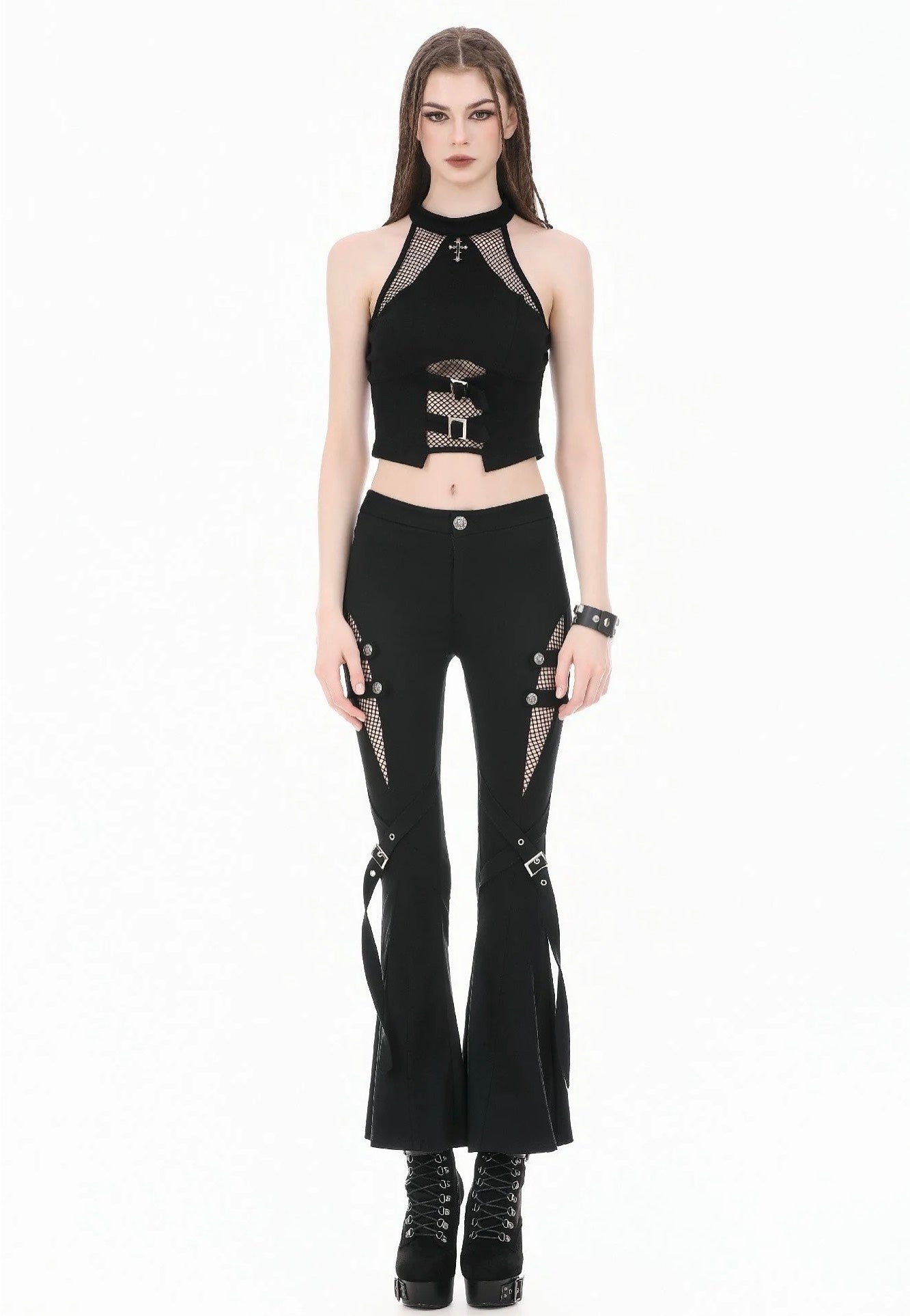 Dark In Love Dark Rift Gothic Punk Mesh Patchwork Cutout Buckle Flare Kalhoty | Women-Image