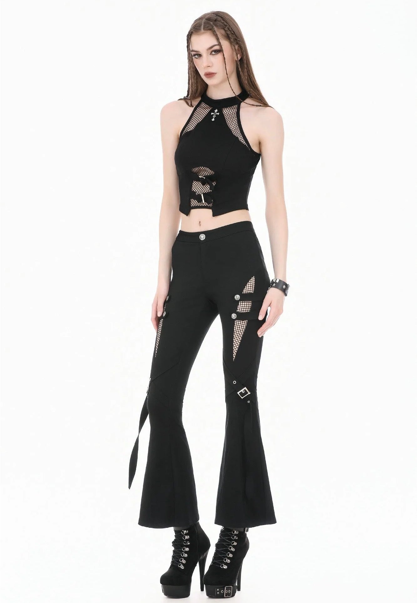 Dark In Love Dark Rift Gothic Punk Mesh Patchwork Cutout Buckle Flare Kalhoty | Women-Image