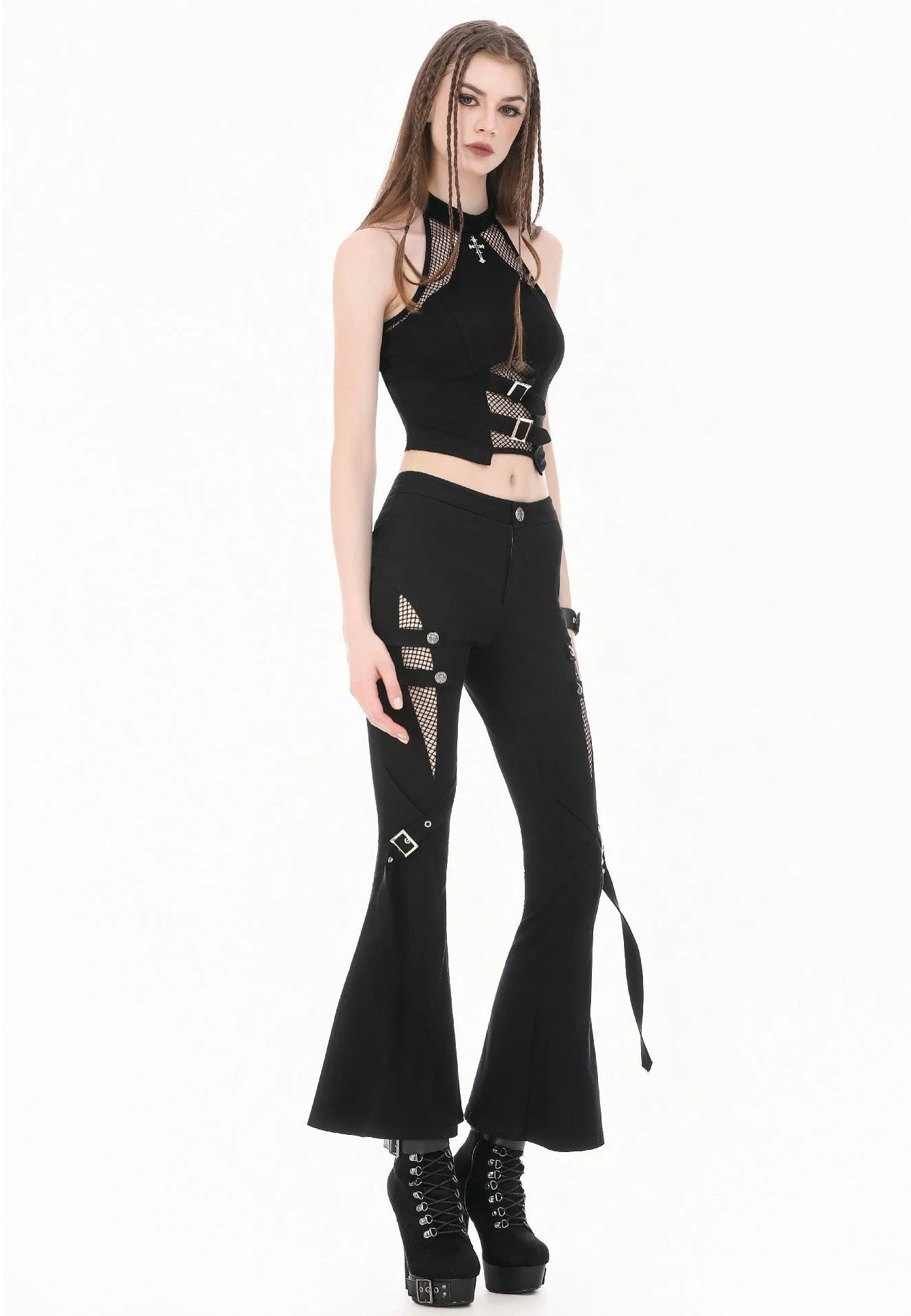 Dark In Love Dark Rift Gothic Punk Mesh Patchwork Cutout Buckle Flare Kalhoty | Women-Image