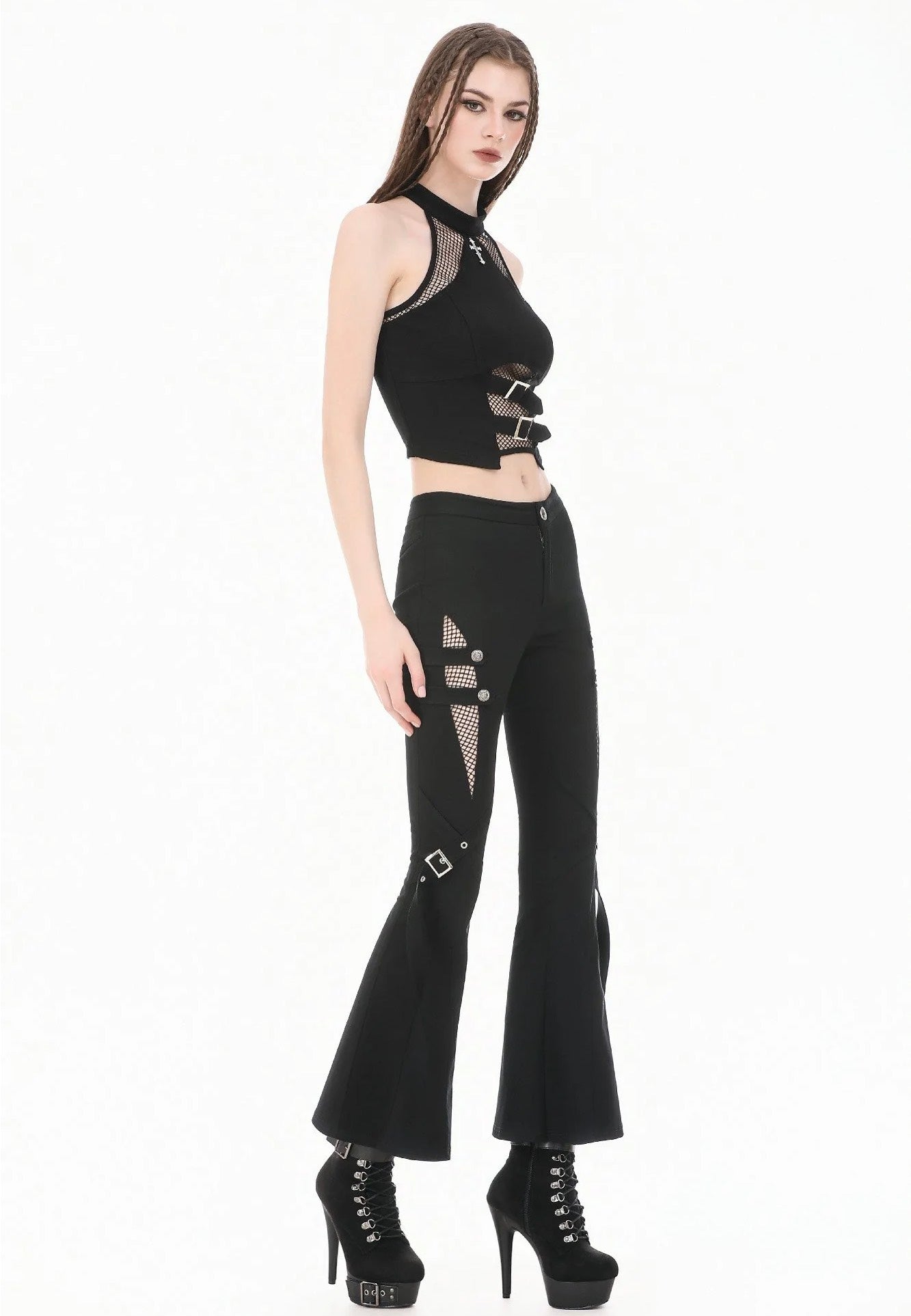 Dark In Love Dark Rift Gothic Punk Mesh Patchwork Cutout Buckle Flare Kalhoty | Women-Image