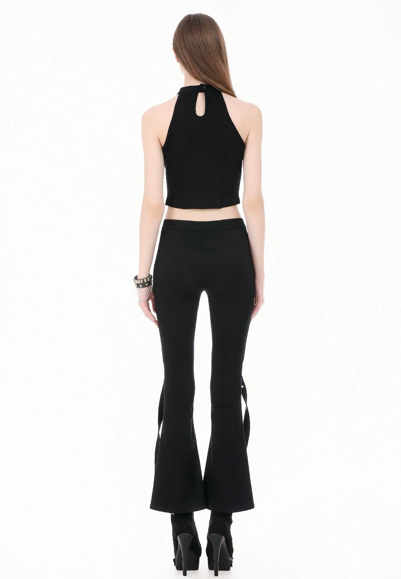 Dark In Love Dark Rift Gothic Punk Mesh Patchwork Cutout Buckle Flare Kalhoty | Women-Image