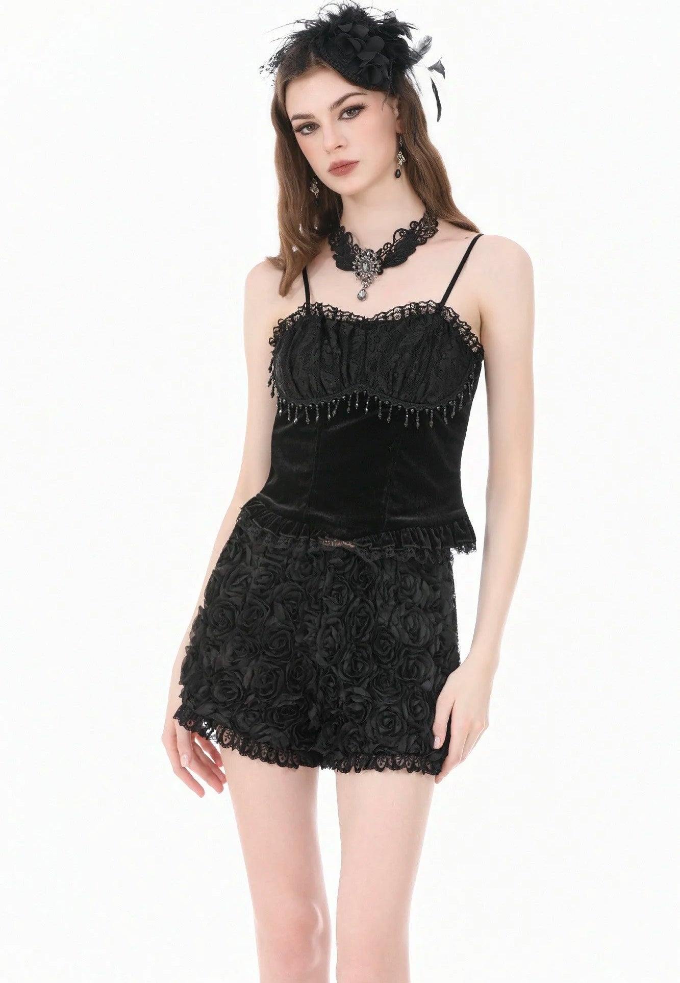 Dark In Love Dark Rose Gothic 3D Floral Jacquard Lace Trimmed Šortky | Women-Image