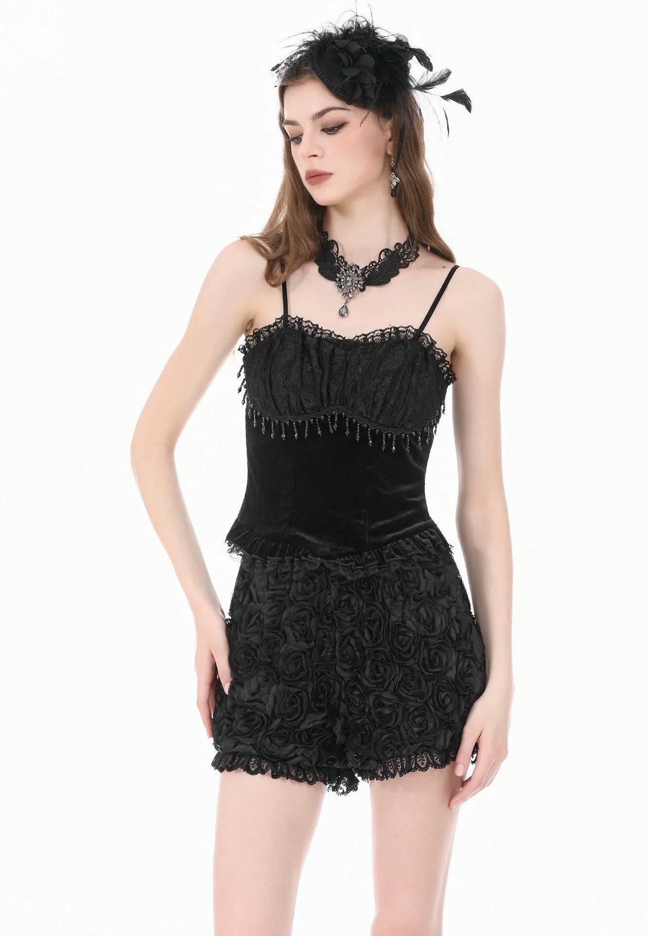 Dark In Love Dark Rose Gothic 3D Floral Jacquard Lace Trimmed Šortky | Women-Image