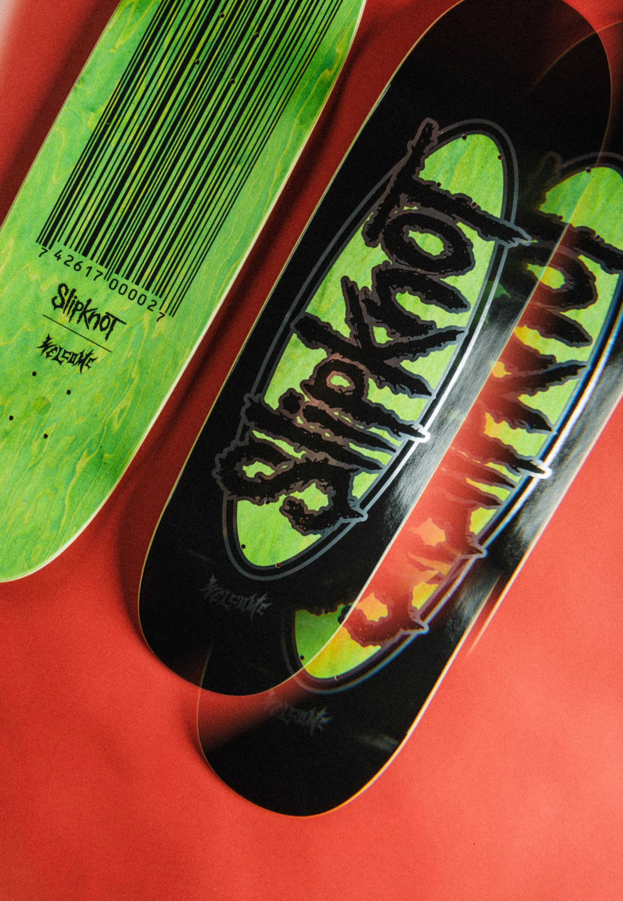 Welcome x Slipknot - Oval Logo on Boline 2.0 - 9.5" Black/Green Stain - Skate Deck | Neutral-Image