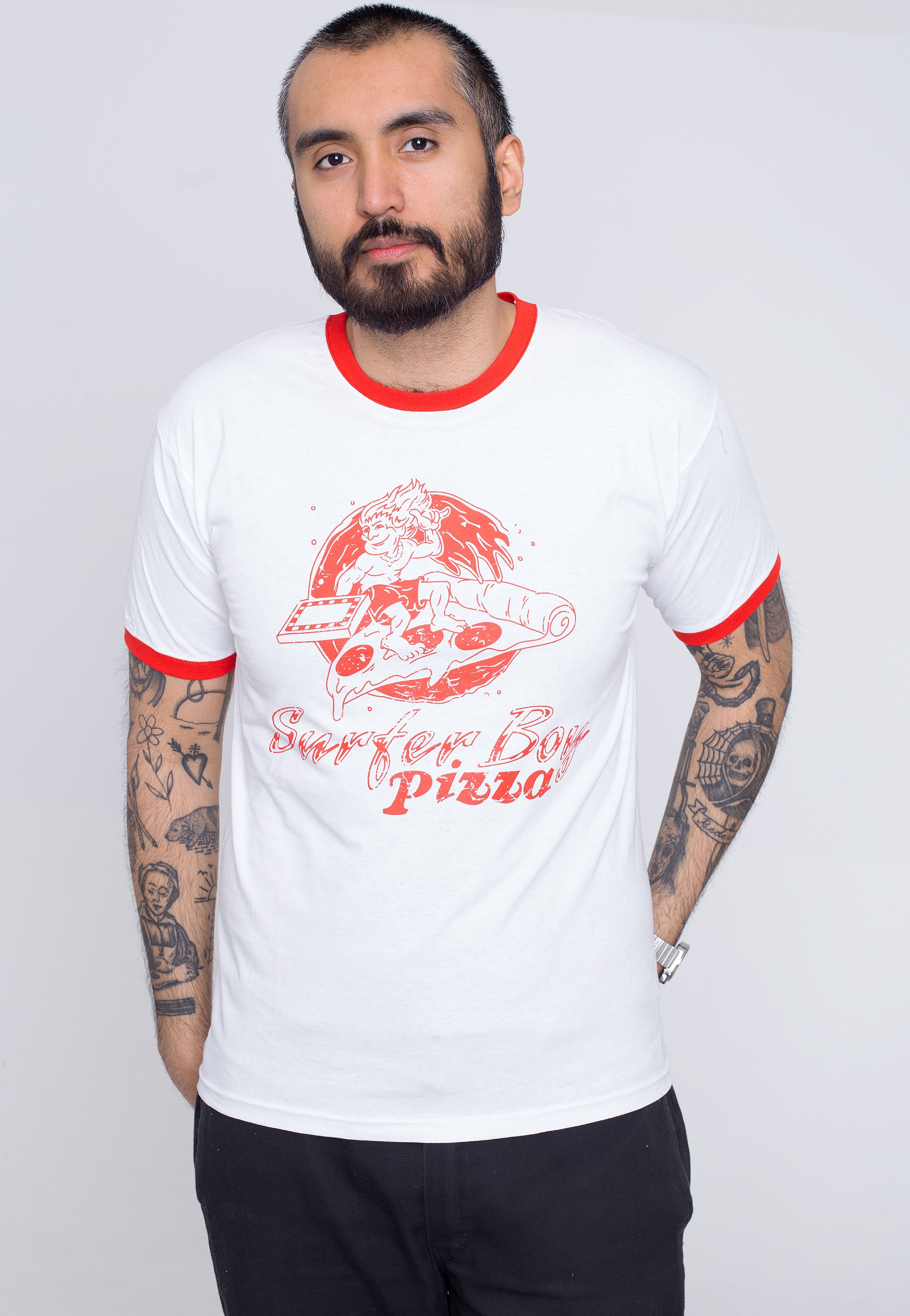 Stranger Things - Surfer Boy Pizza Ringer White/ Red - T-Shirt | Men-Image
