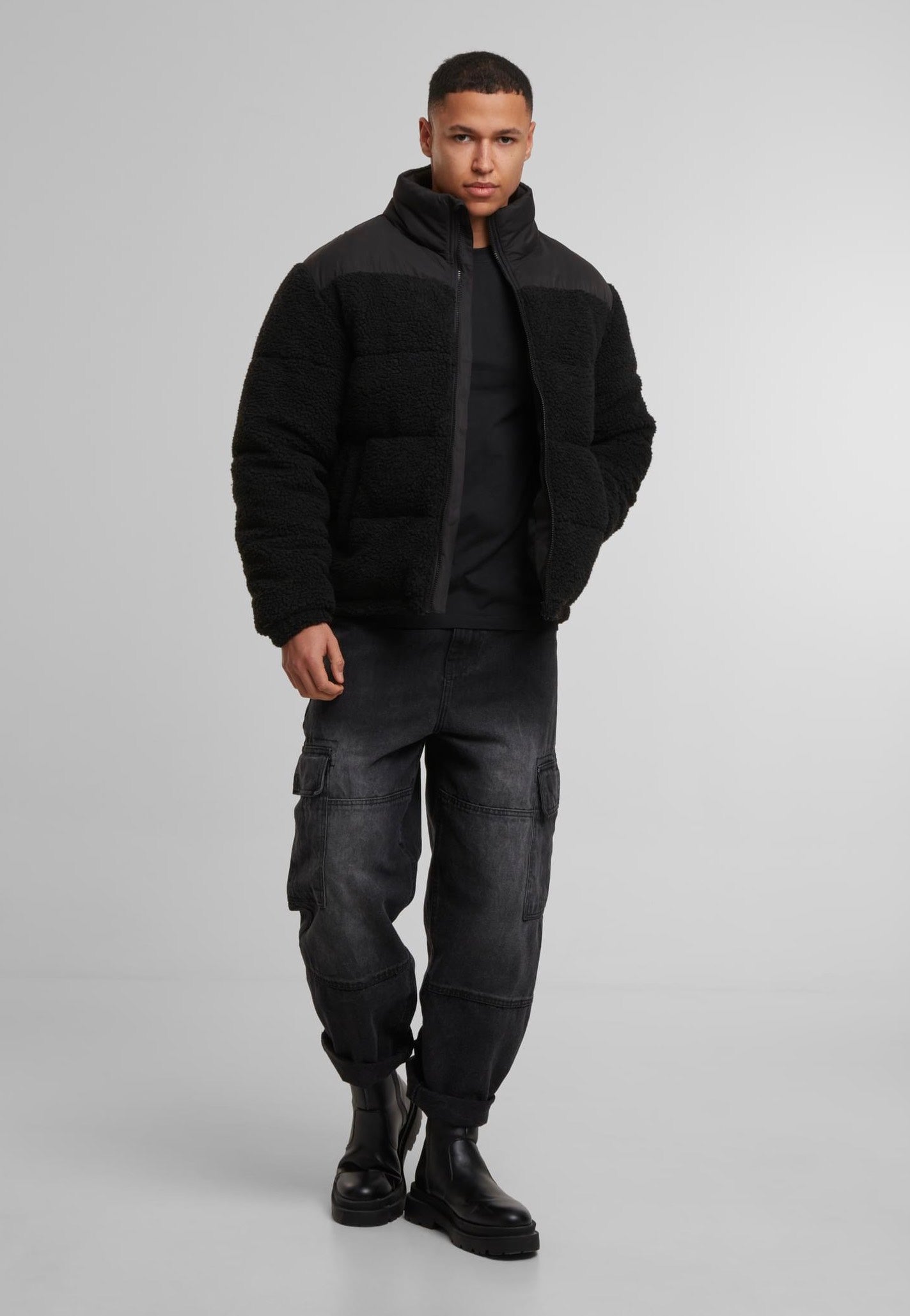 Urban Classics - Fabric Mix Teddy Puffer Black - Jacket | Men-Image