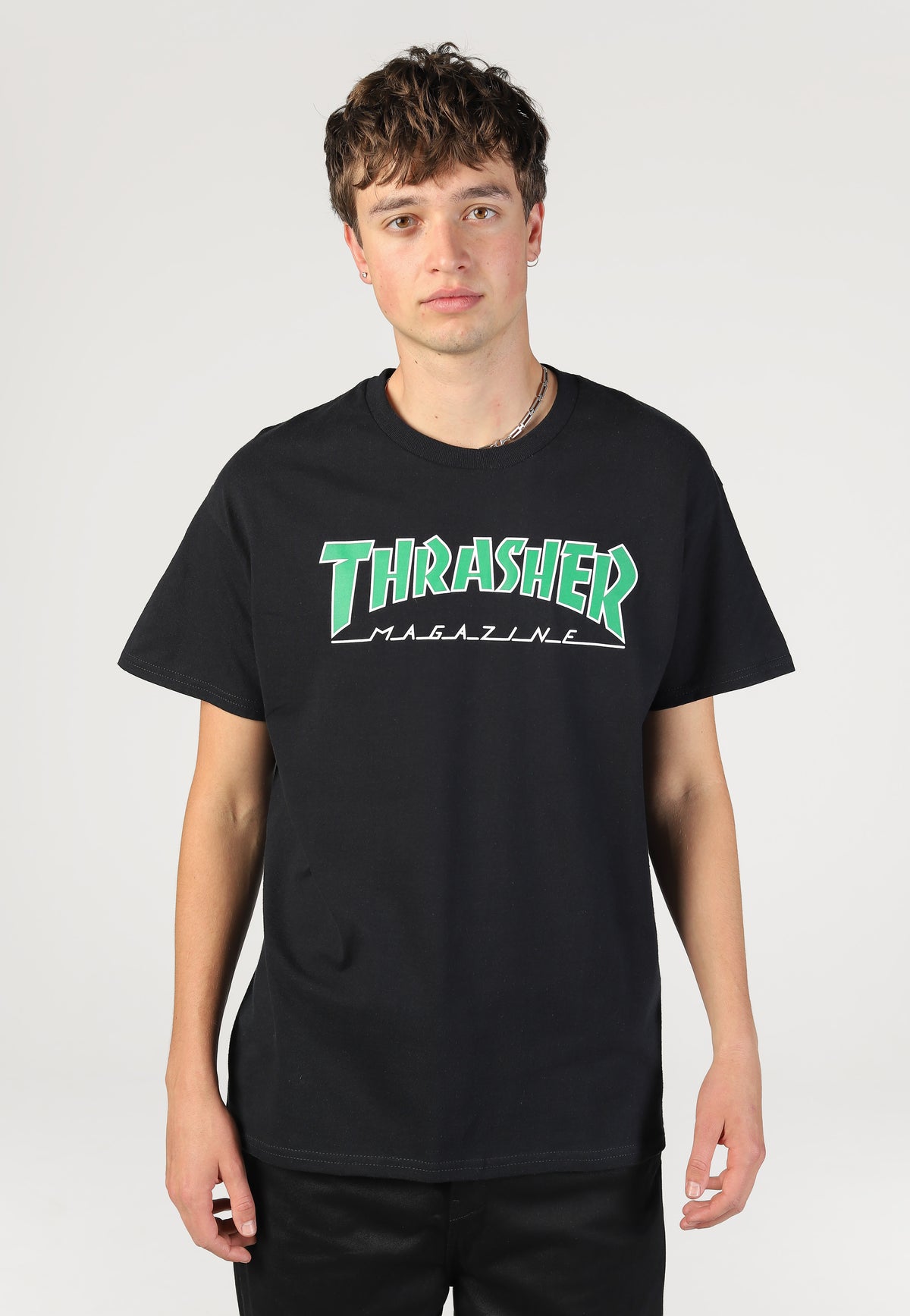 Thrasher Outlined Black White/Green T-Shirt | Men-Image