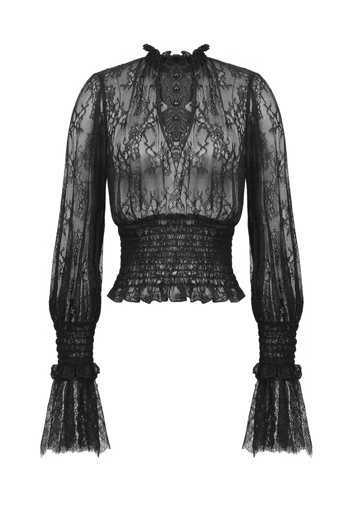 Dark In Love - Black Hollow Lace Elastic Pleated Waist Eyelash Lace Cuff - Top | Women-Image