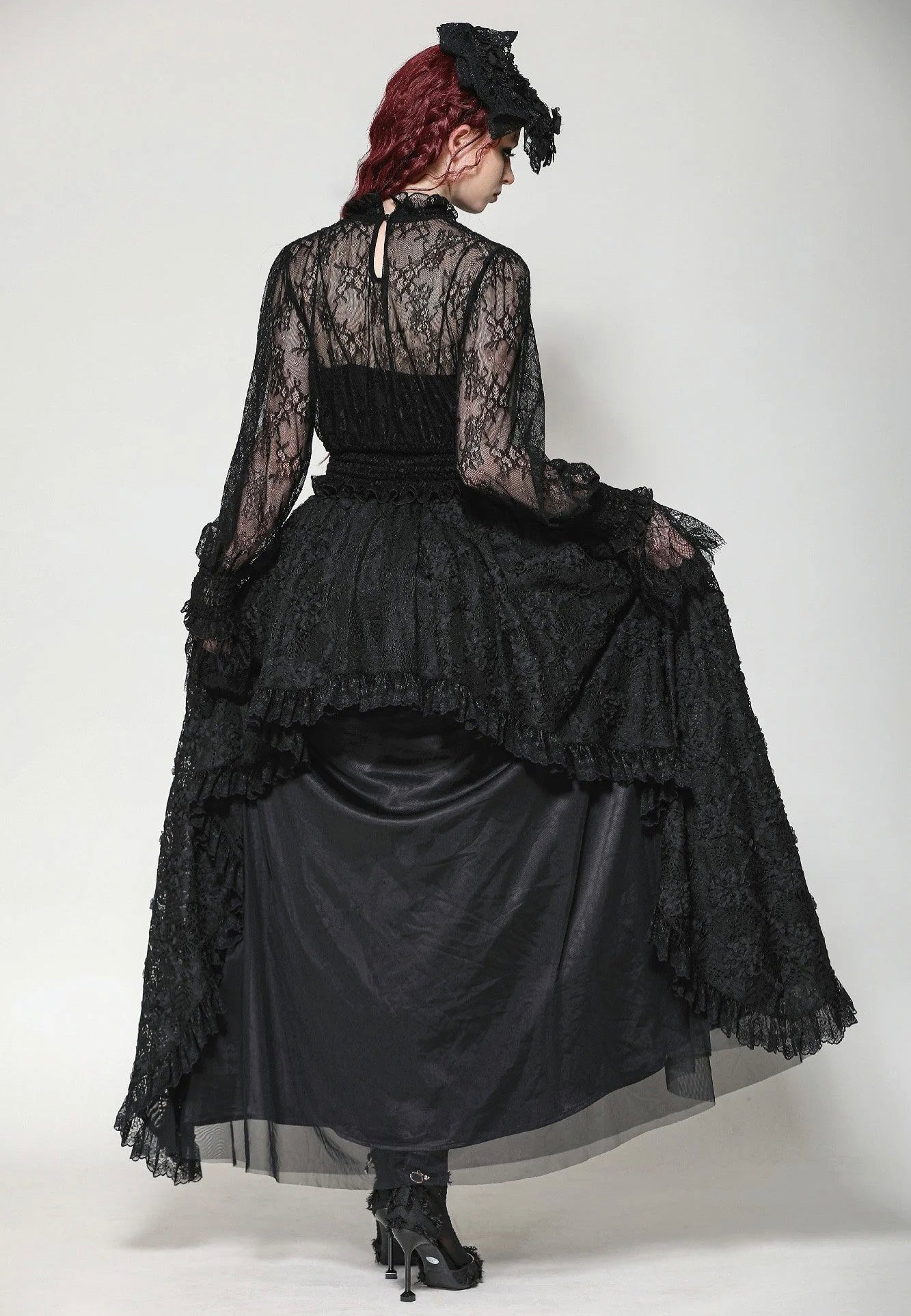 Dark In Love - Black Hollow Lace Elastic Pleated Waist Eyelash Lace Cuff - Top | Women-Image