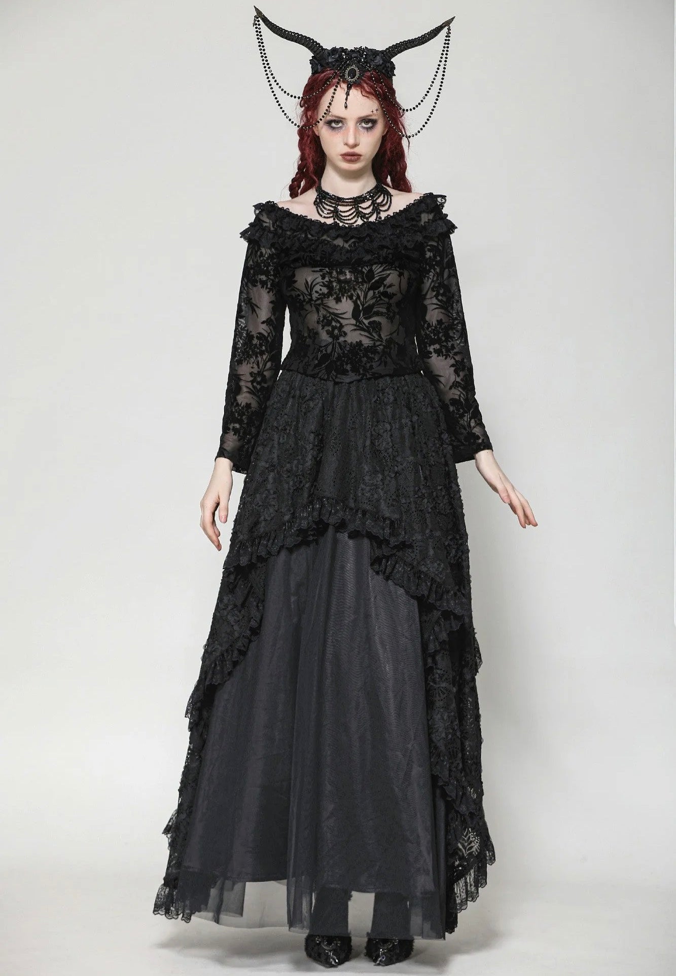 Dark In Love - Gothic Sexy Off-Shoulder Velvet Lace Top - Top | Women-Image