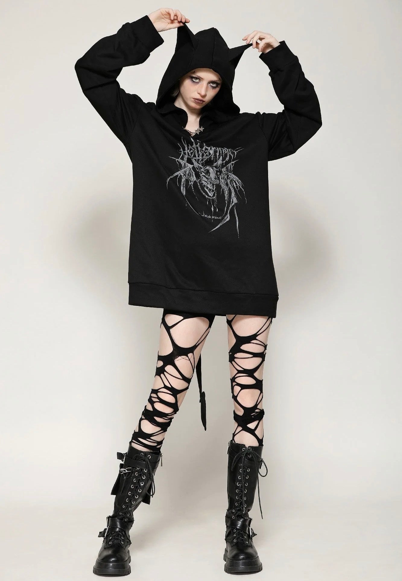 Dark In Love - Black Printed Loose Bat Ear Tail - Hoodie | Women-Image