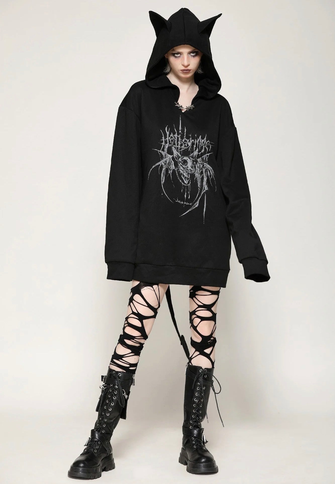 Dark In Love - Black Printed Loose Bat Ear Tail - Hoodie | Women-Image