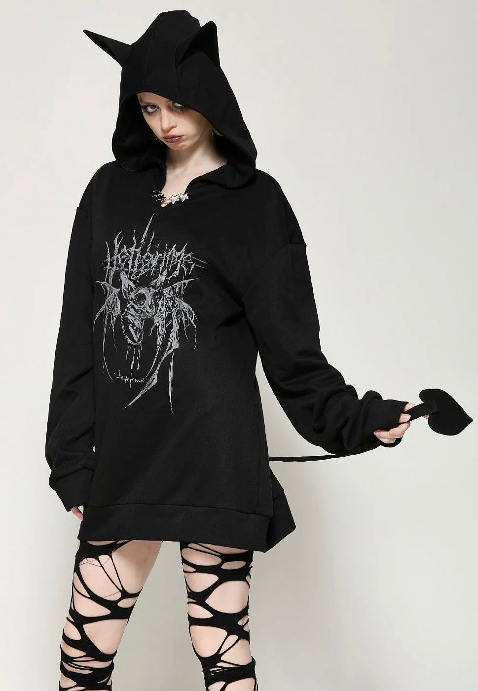 Dark In Love - Black Printed Loose Bat Ear Tail - Hoodie | Women-Image
