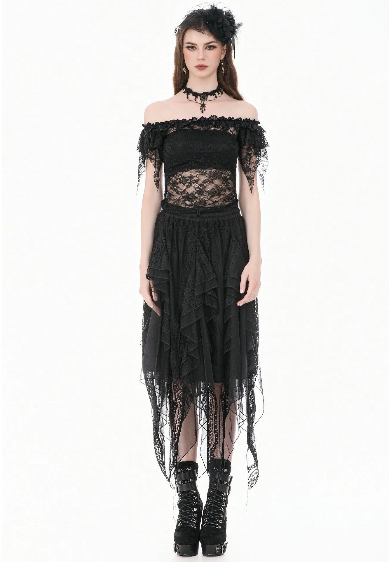 Dark In Love Gothic Romantic Off Shoulder Sheer Lace Top | Women-Image