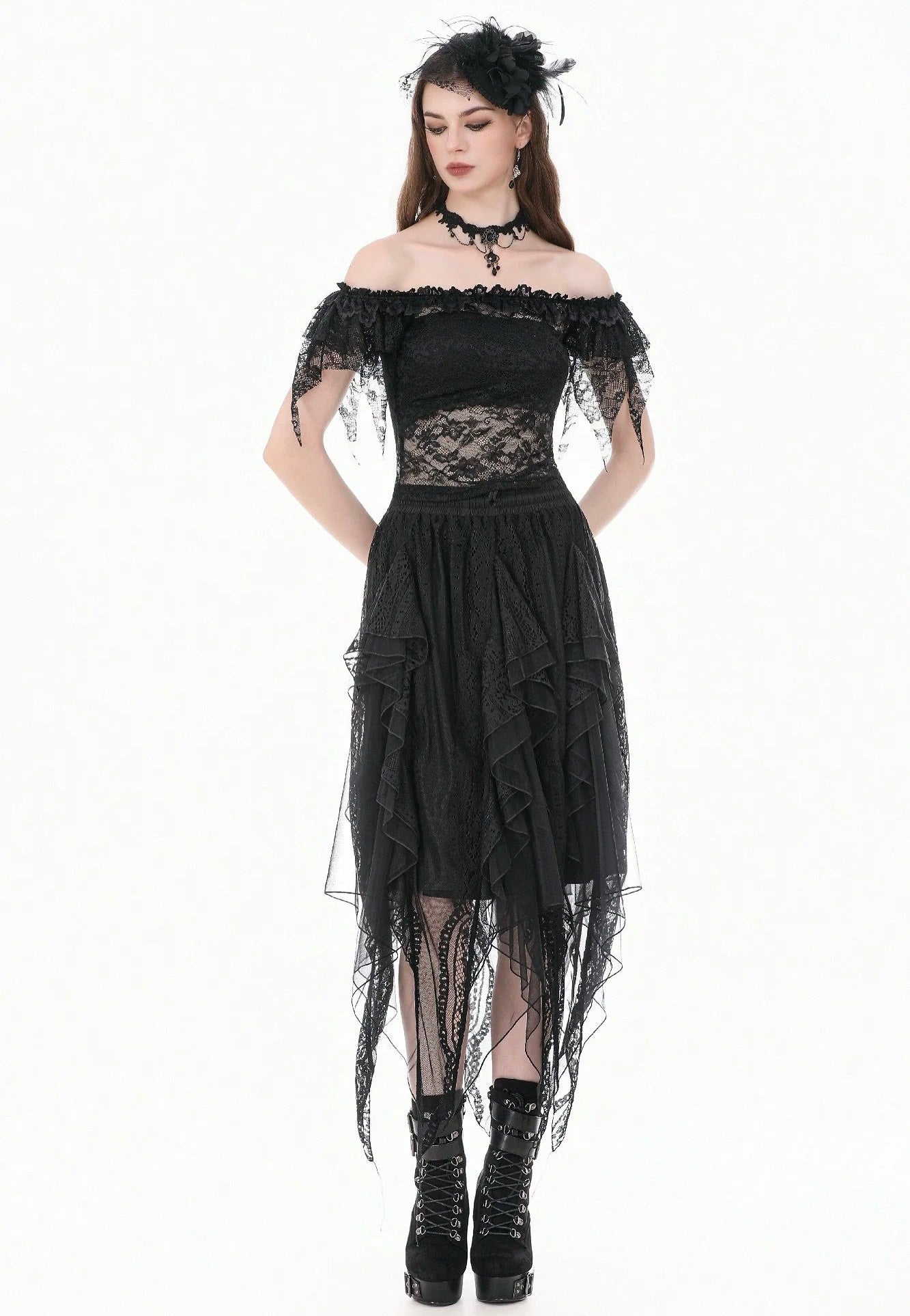 Dark In Love Gothic Romantic Off Shoulder Sheer Lace Top | Women-Image