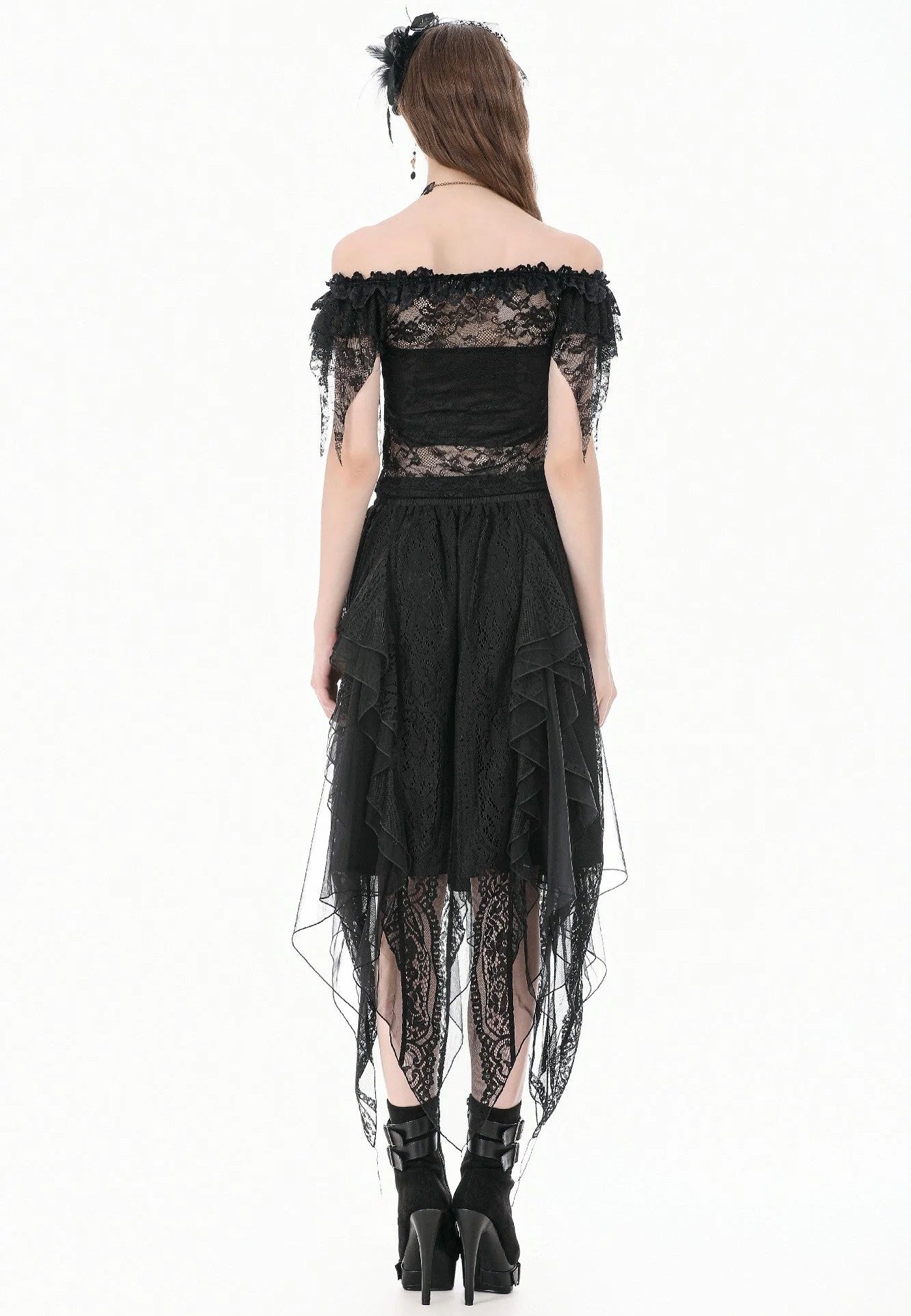 Dark In Love Gothic Romantic Off Shoulder Sheer Lace Top | Women-Image