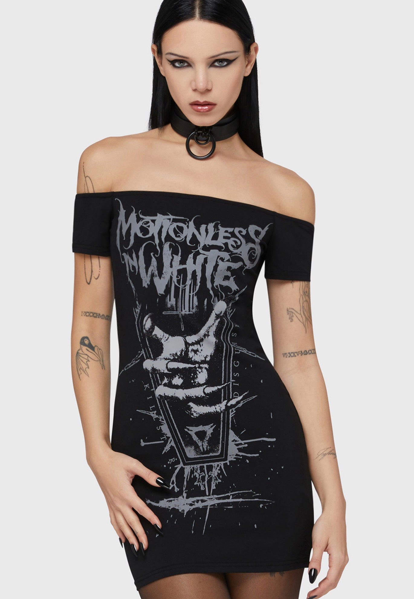 Killstar x Motionless In White - Up From Hell Bardot Black - Dress | Women-Image