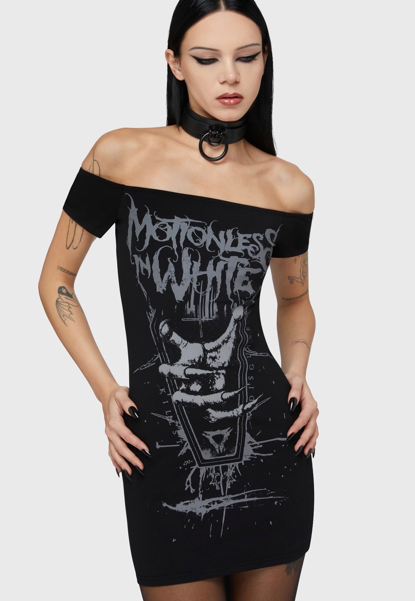 Killstar x Motionless In White - Up From Hell Bardot Black - Dress | Women-Image